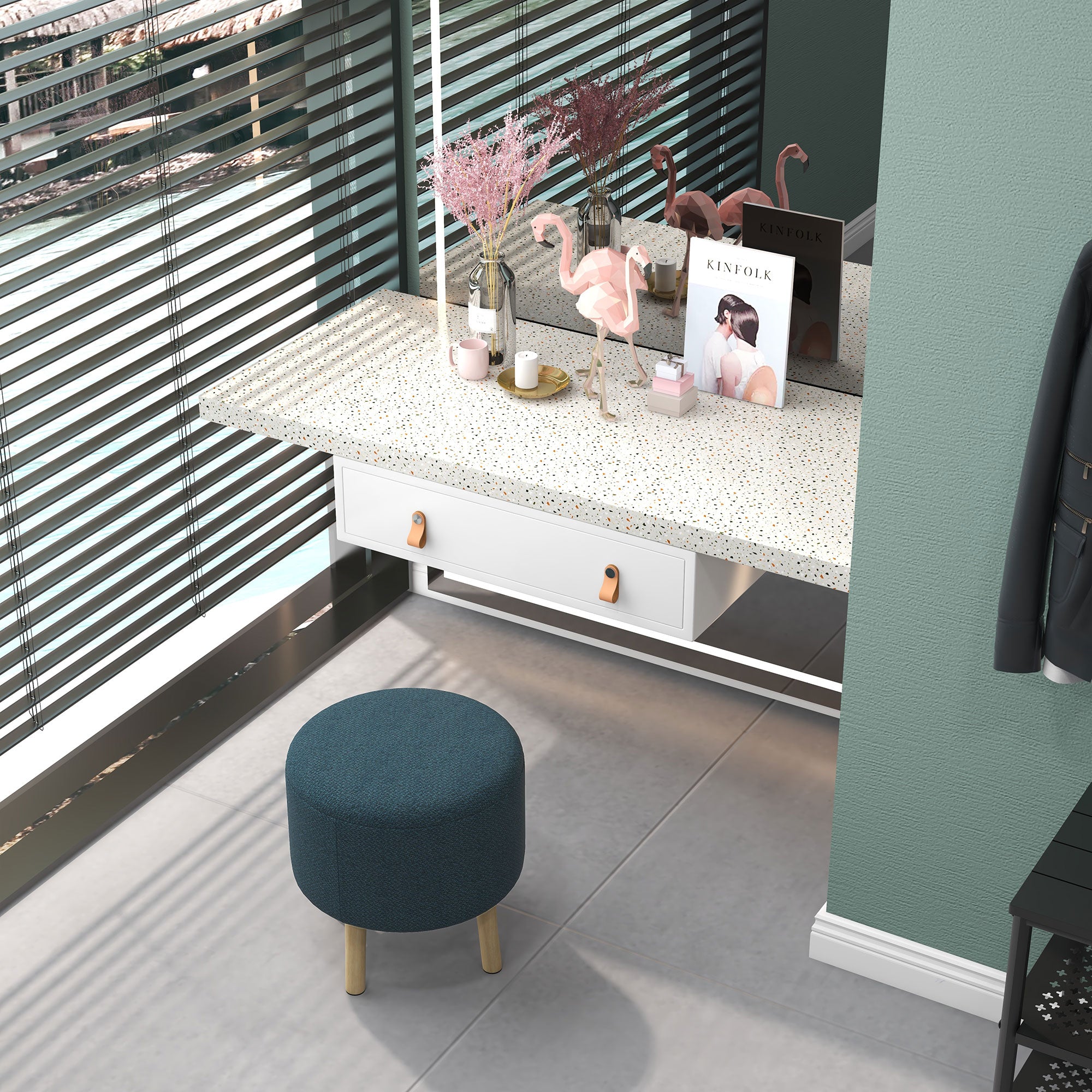 HOMCOM Round Storage Stool, Linen Fabric Upholstered Foot Stool with Removable Top, Padded Seat, Hidden Space and Wooden Legs for Living Room, Blue