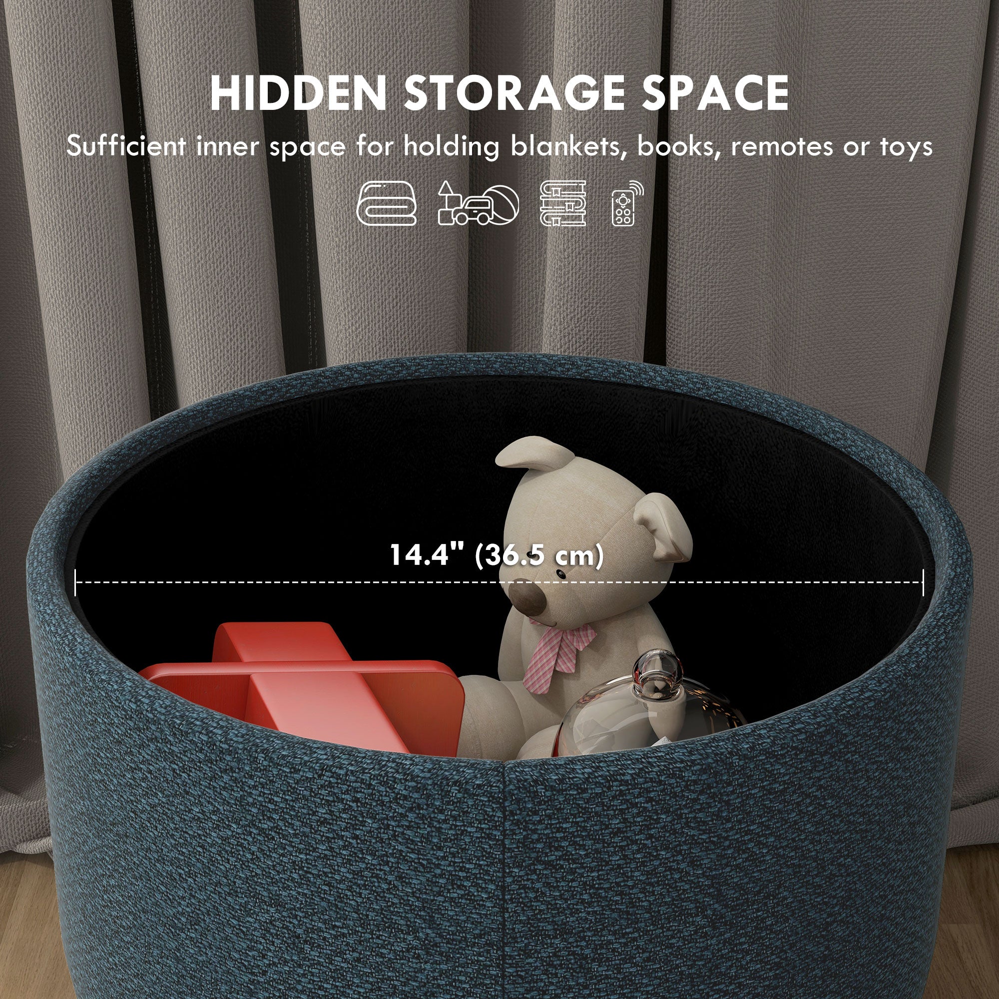 HOMCOM Round Storage Stool, Linen Fabric Upholstered Foot Stool with Removable Top, Padded Seat, Hidden Space and Wooden Legs for Living Room, Blue