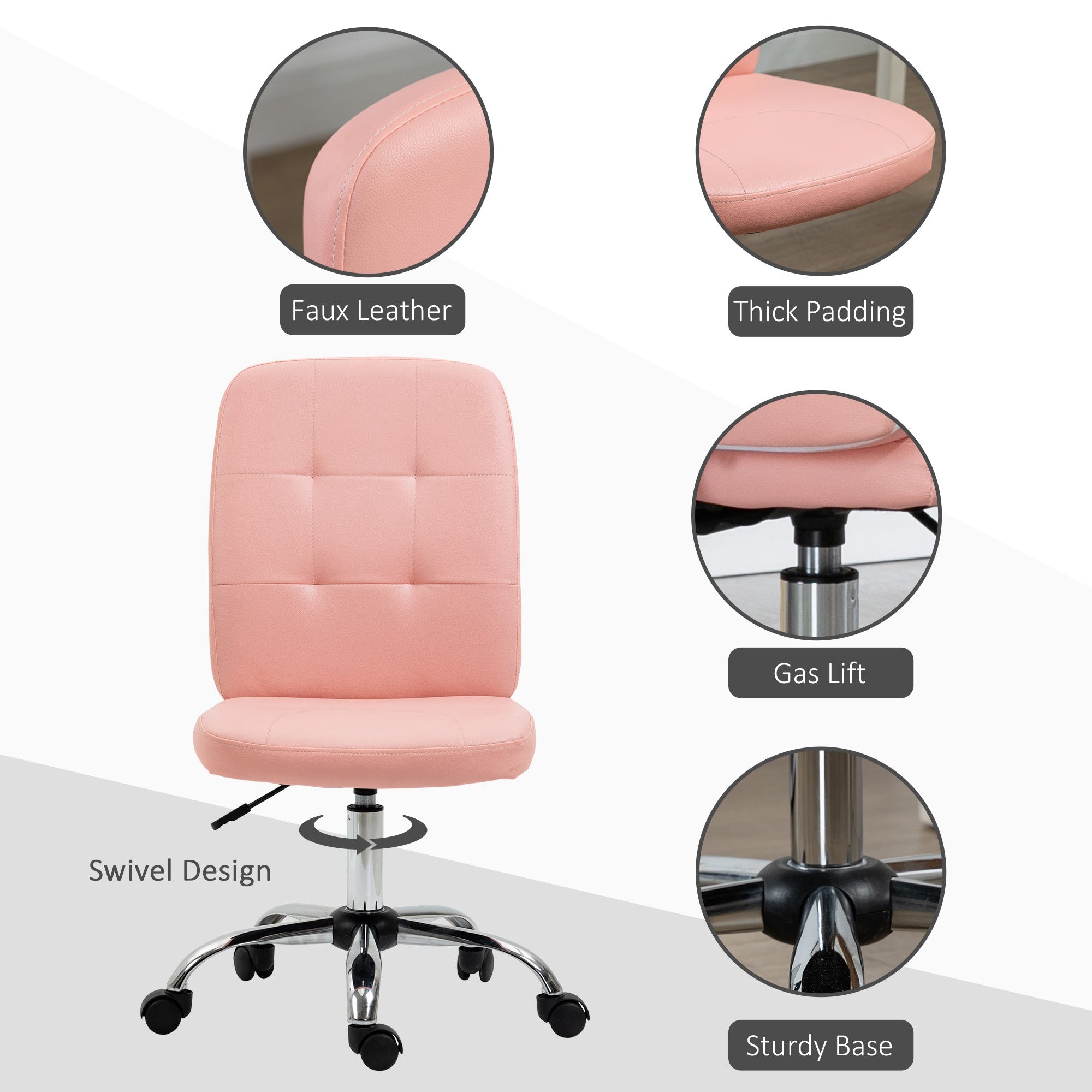 Vinsetto Armless Office Chair, Faux Leather Desk Chair with Adjustable Height, Button Tufted, Pink
