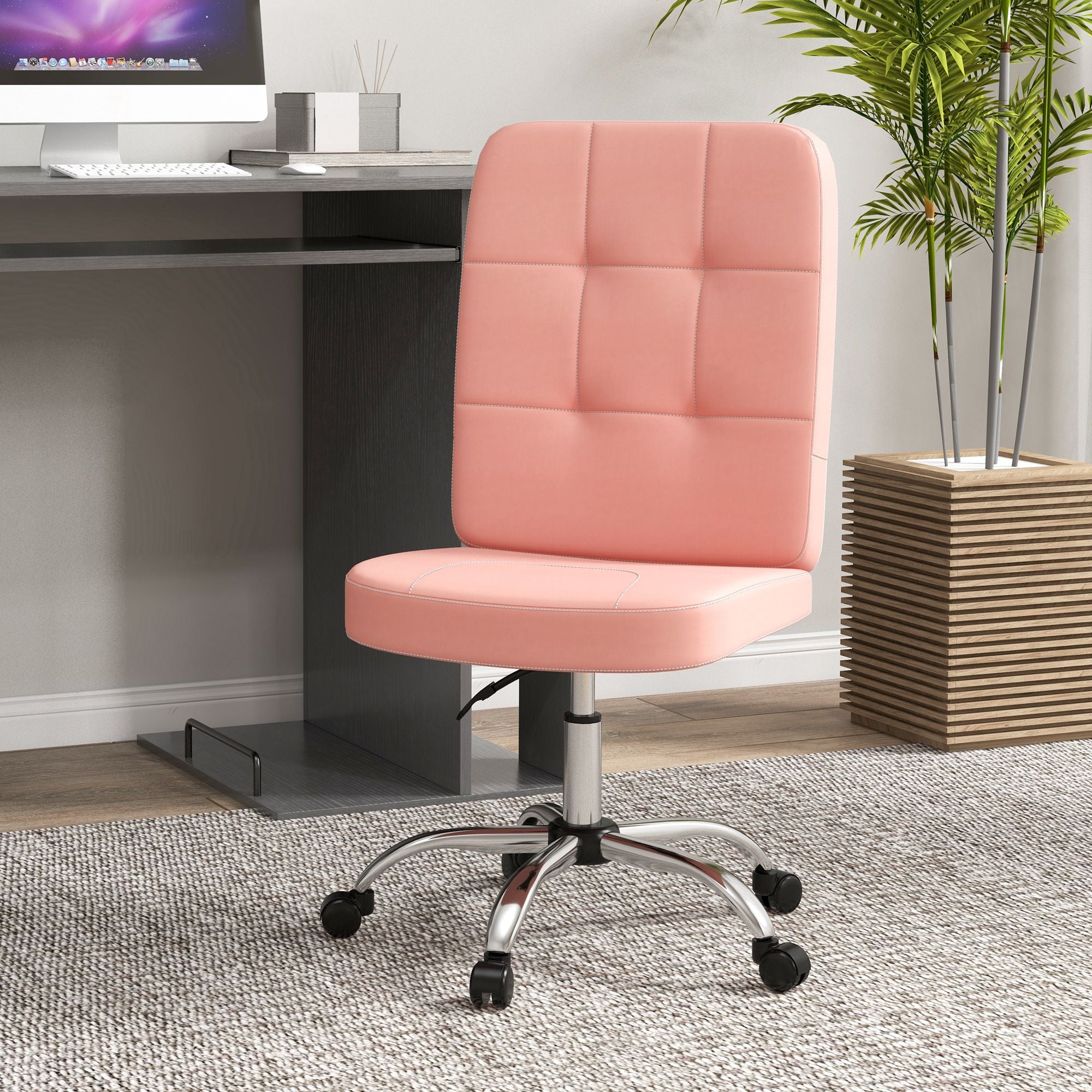 Vinsetto Armless Office Chair, Faux Leather Desk Chair with Adjustable Height, Button Tufted, Pink