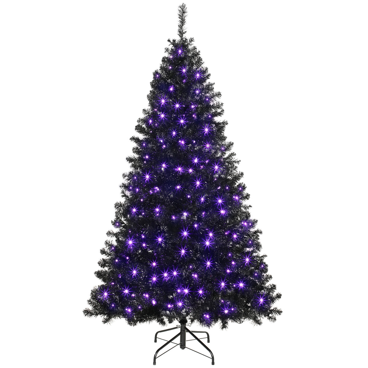 6ft Pre-lit Black Christmas Tree, Artificial Halloween Tree with 680 Purple LED Lights, 680 Tips, Metal Stand, Black