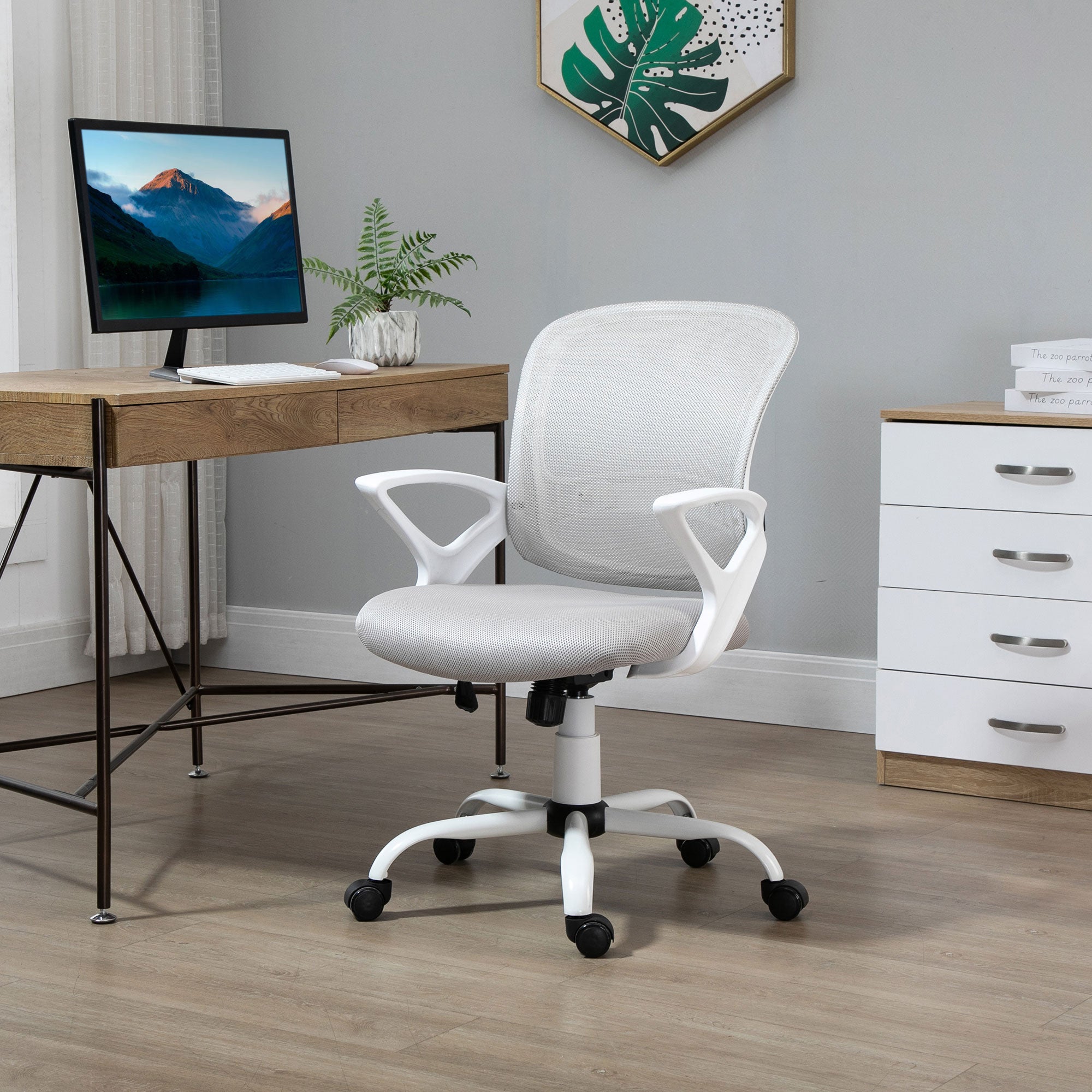 Ergonomic Mesh Office Chair, Swivel Mid Back Computer Desk Chair with Lumbar Back Support, Adjustable Height, Rocking Function, Rolling Wheels, for Home Office Study, Gray
