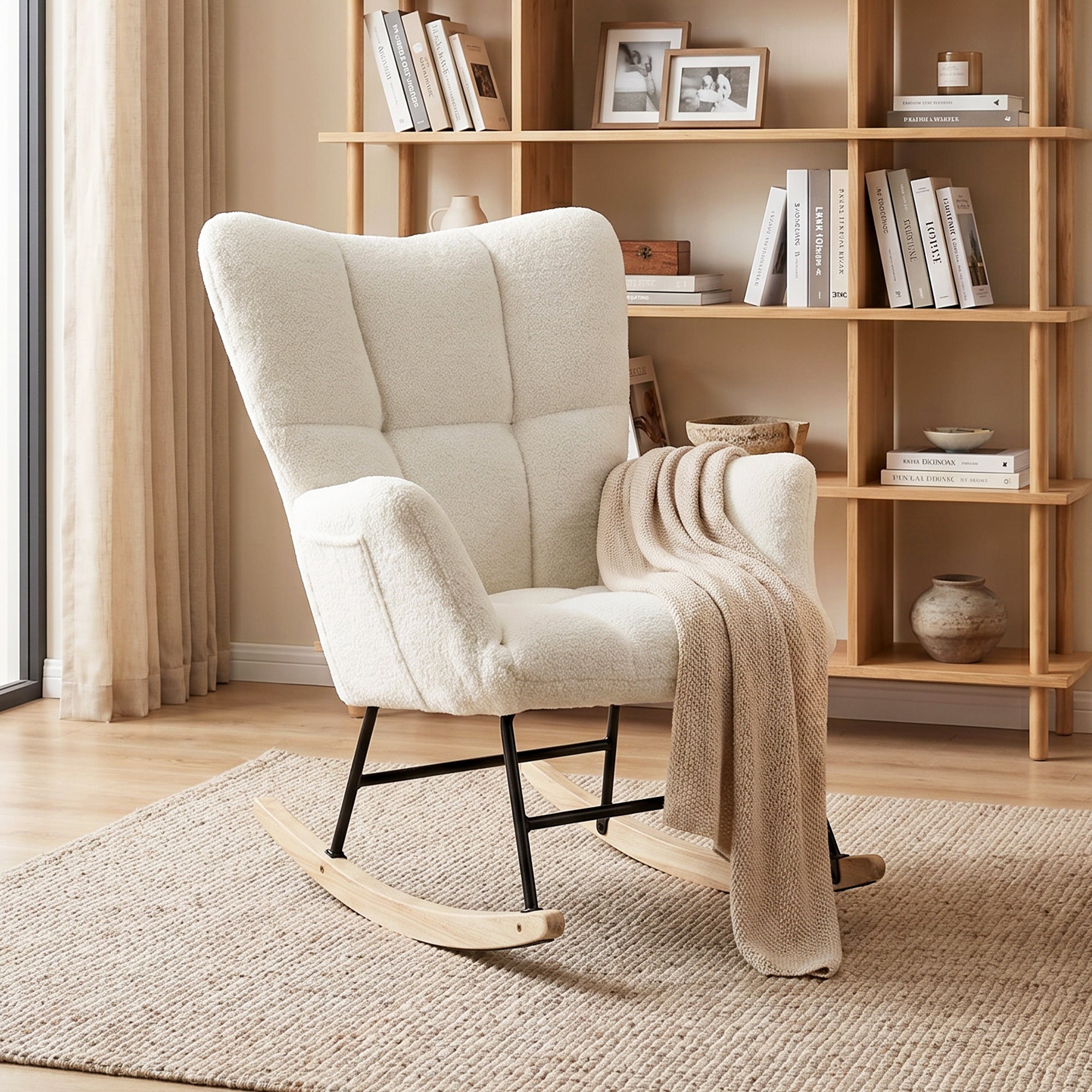 Rocking Chair with Side Pockets, Wingback Tufted Rocker Chair with Teddy Fleece Upholstered, Rubber Wood Legs for Living Room, Bedroom, Cream White