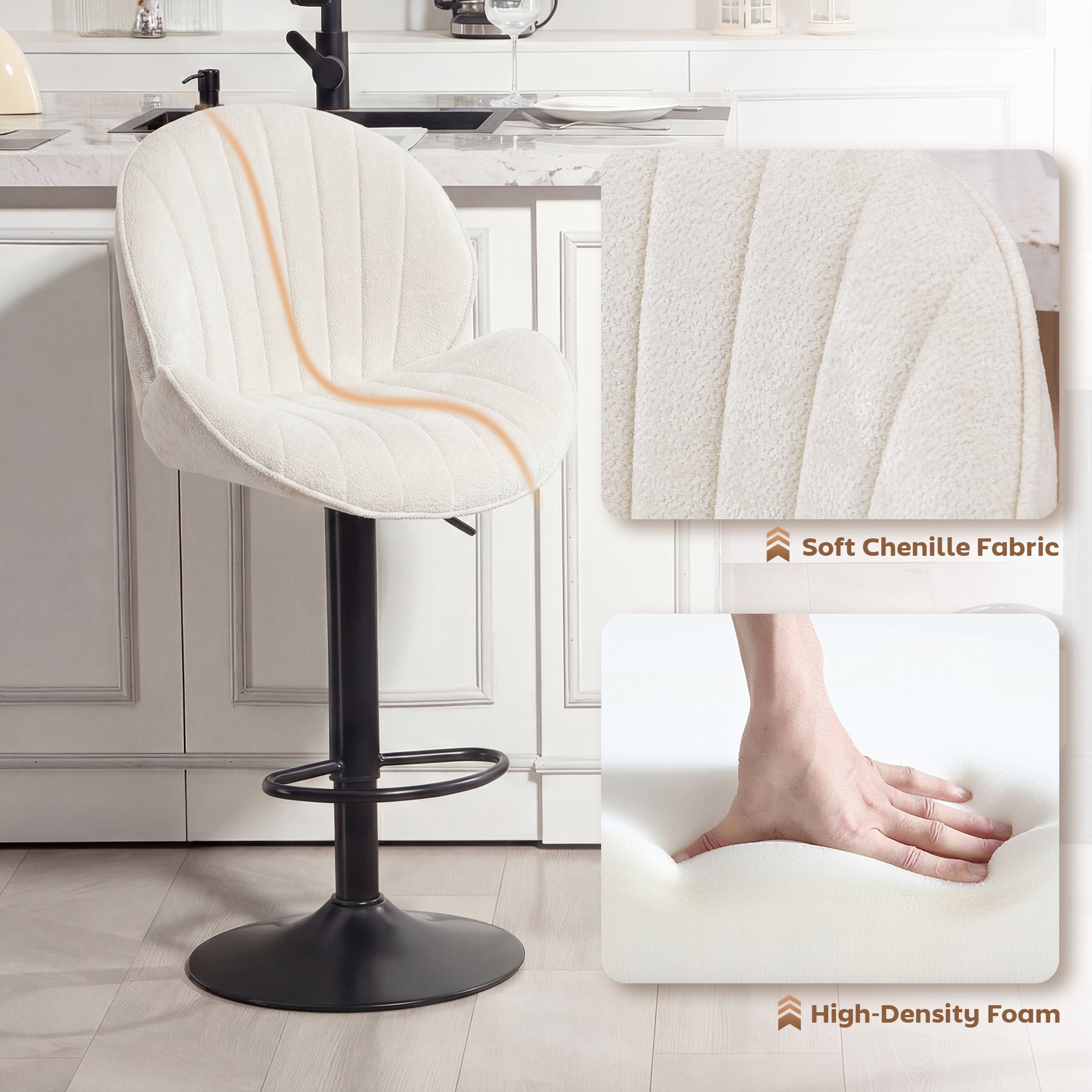 Bar Stools Set of 2, Swivel Counter Height Barstools with Back, Adjustable Height and Footrest, Chenille Upholstered Modern Bar Chairs for Kitchen Island, Dining Room, Cream