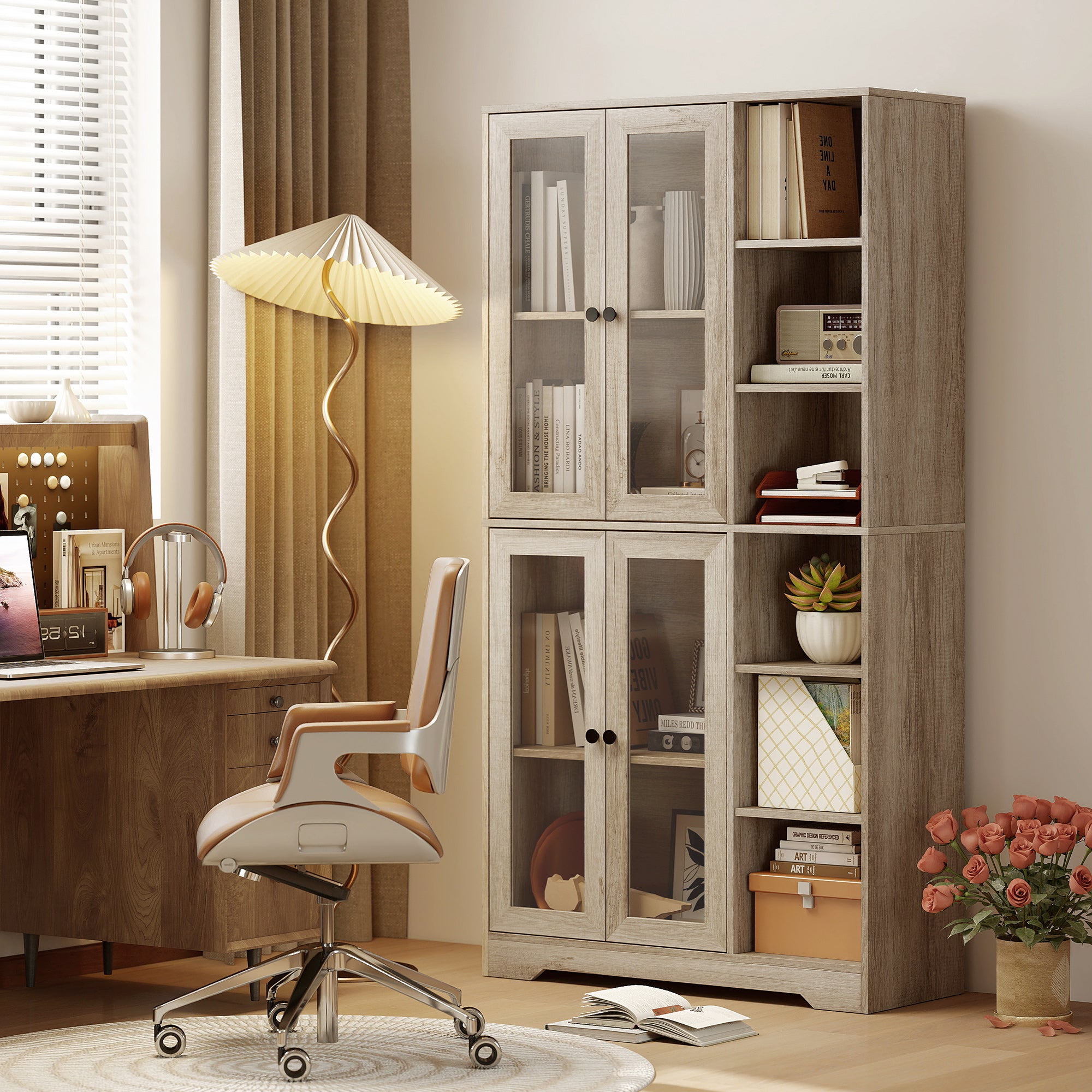 172 cm Tall Kitchen Cupboard, Pantry Storage Cabinet with Tempered Glass Doors and Soft-Close Hinges, Freestanding Kitchen Cabinet with Adjustable Shelves and 6 Open Shelves, Light Grey