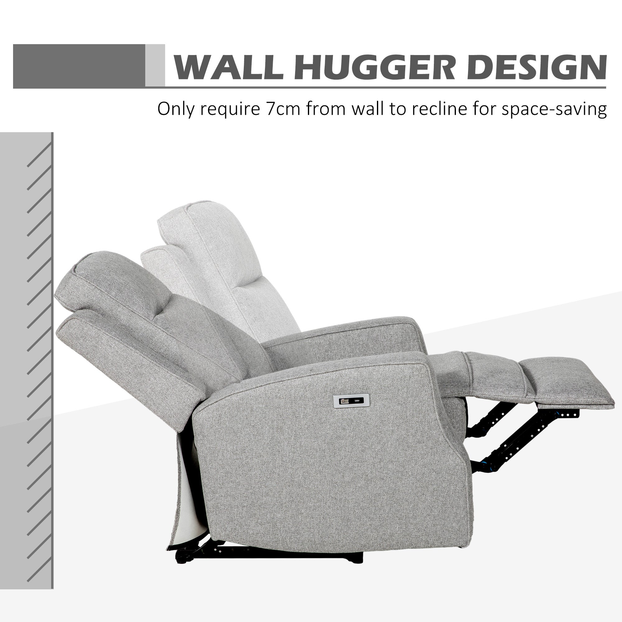 HOMCOM Electric Fabric Recliner Armchair, Reclining Chair with Adjustable Leg Rest, USB Port, for Limited Space Home Living Room, Grey