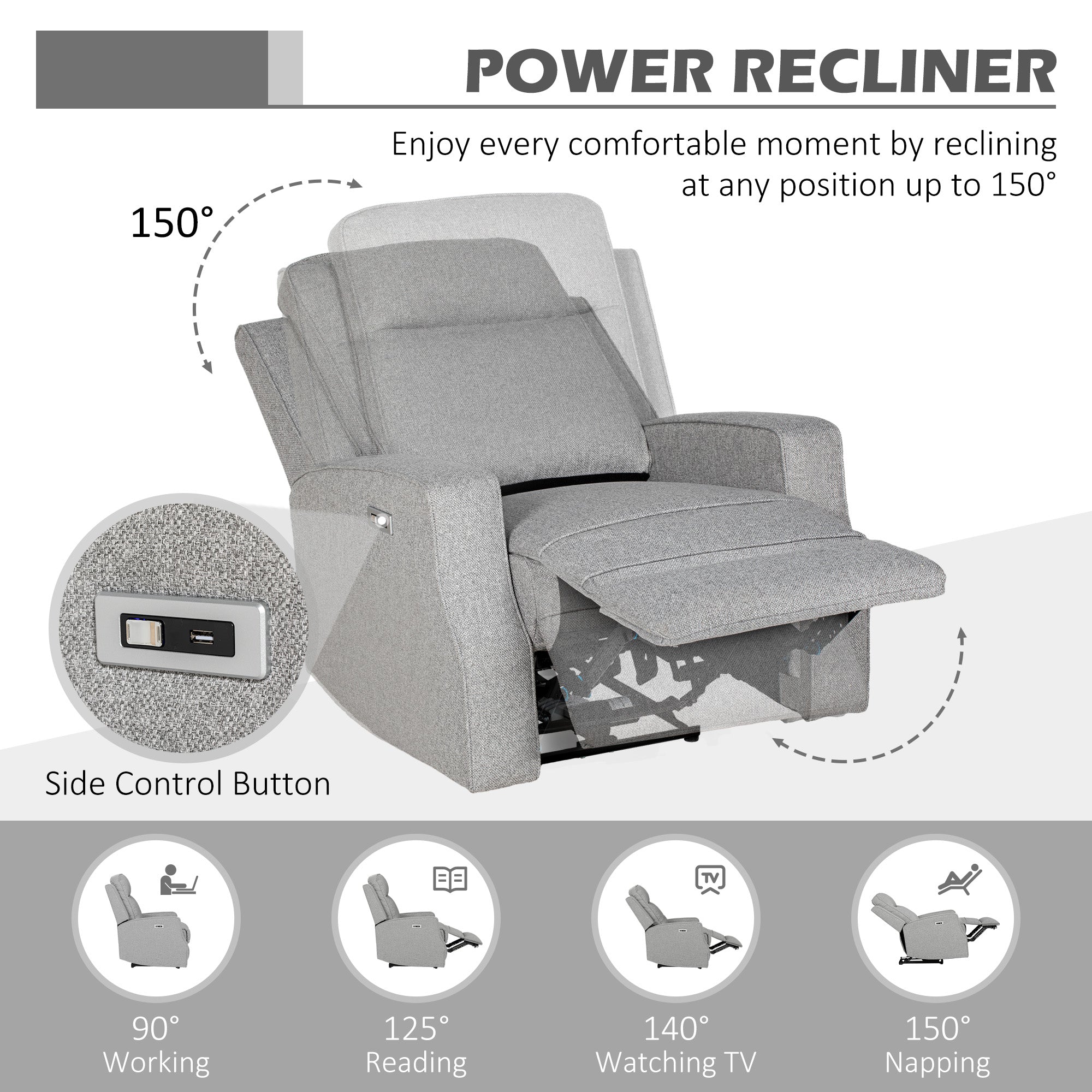 HOMCOM Electric Fabric Recliner Armchair, Reclining Chair with Adjustable Leg Rest, USB Port, for Limited Space Home Living Room, Grey