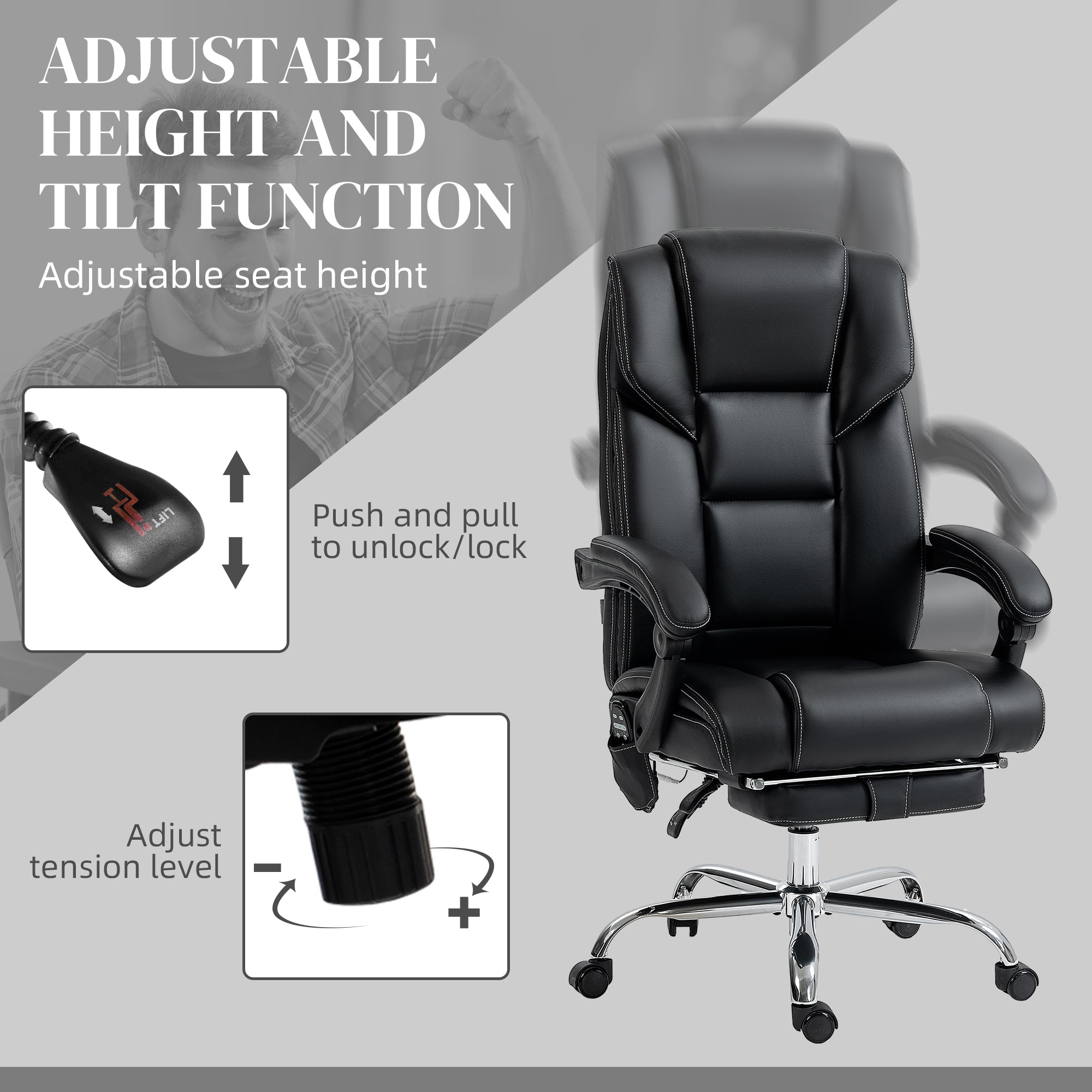 6 Point Massage Office Chair w/ Heat, Reclining Back & Adjustable Height, Black