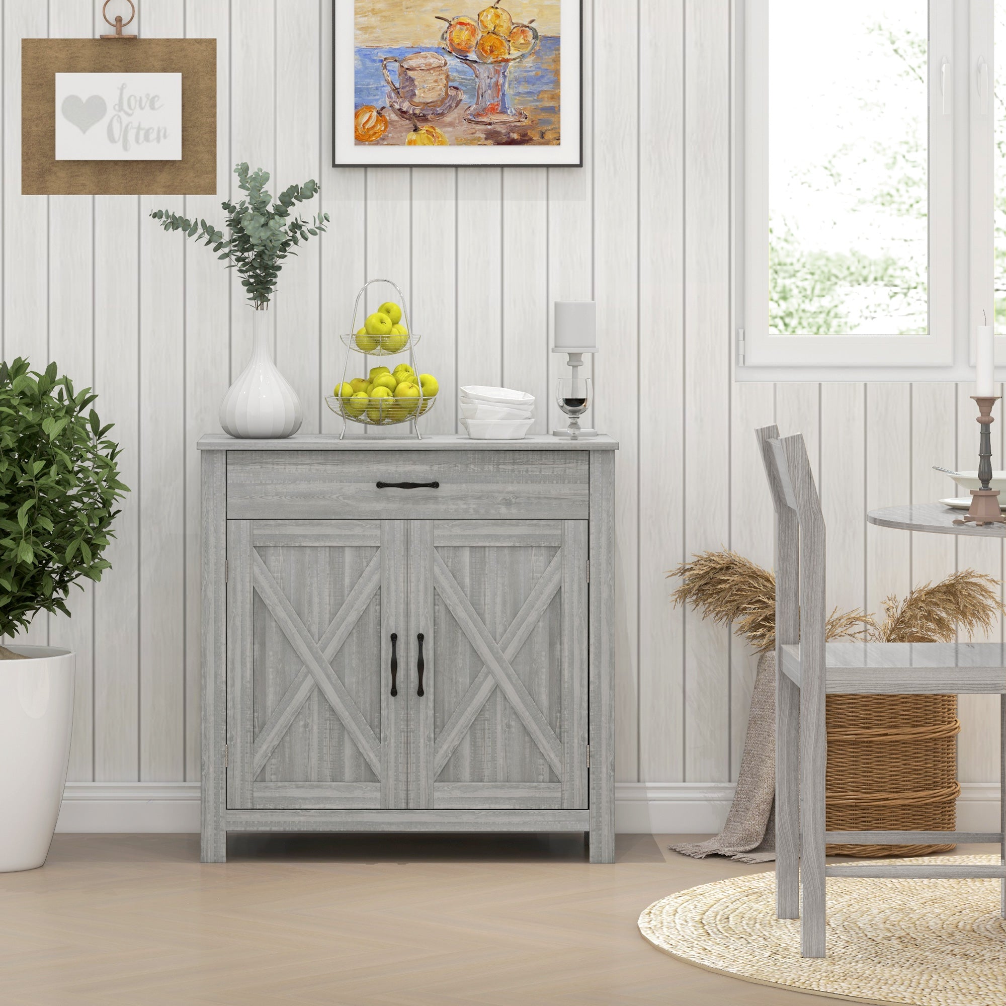 Farmhouse Sideboard Cabinet with Barn Doors, Drawer & Adjustable Shelf, Stone Gray