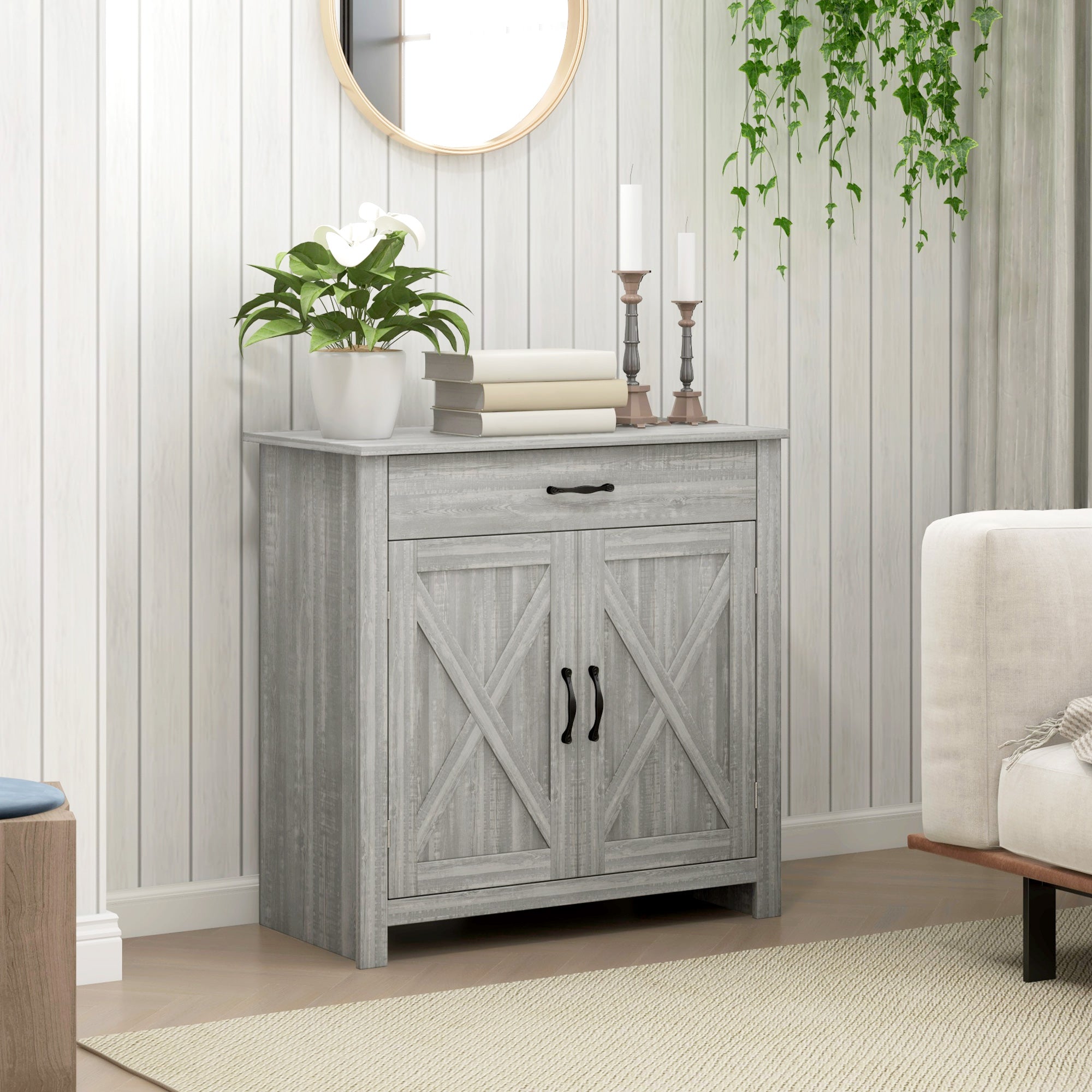 Farmhouse Sideboard Cabinet with Barn Doors, Drawer & Adjustable Shelf, Stone Gray