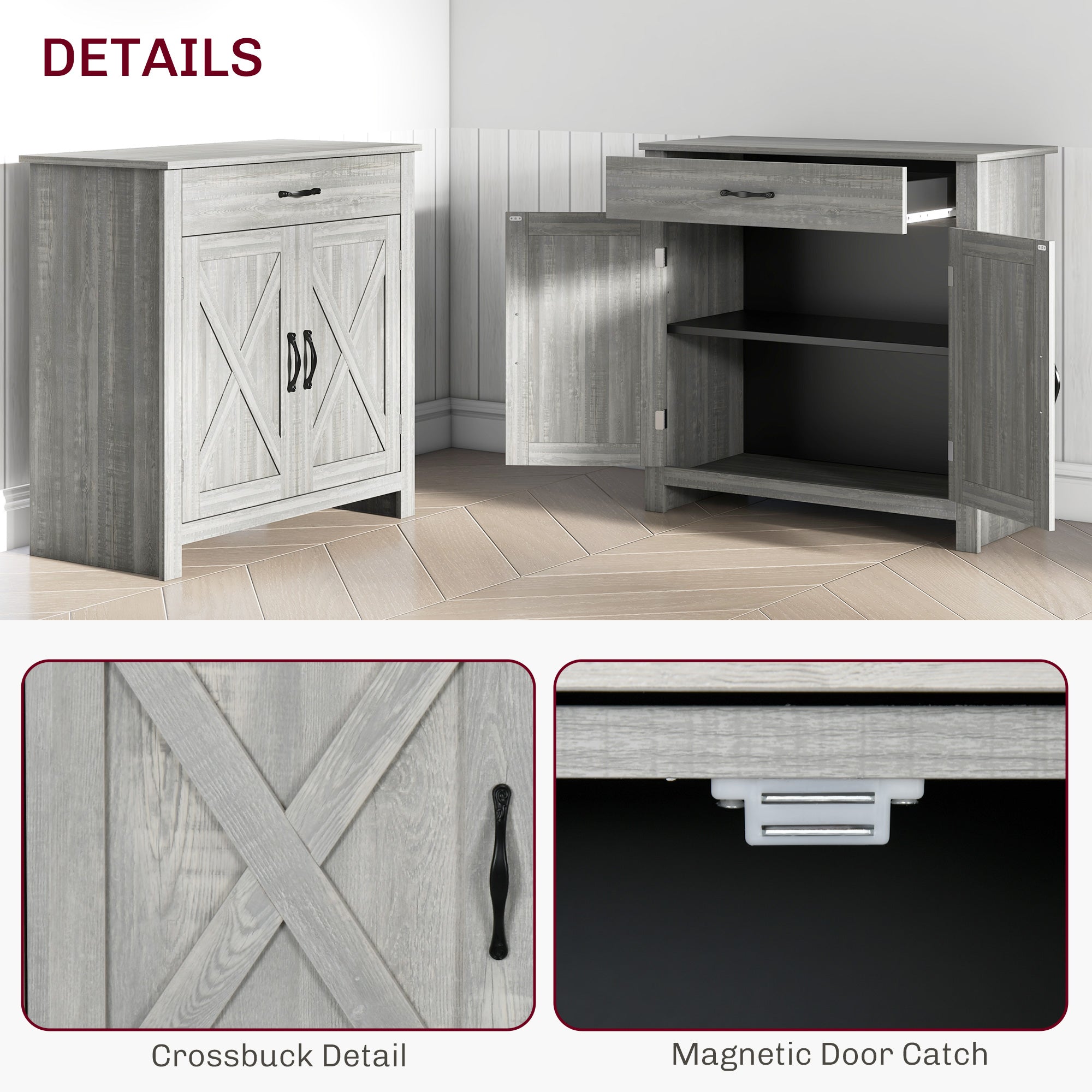 Farmhouse Sideboard Cabinet with Barn Doors, Drawer & Adjustable Shelf, Stone Gray