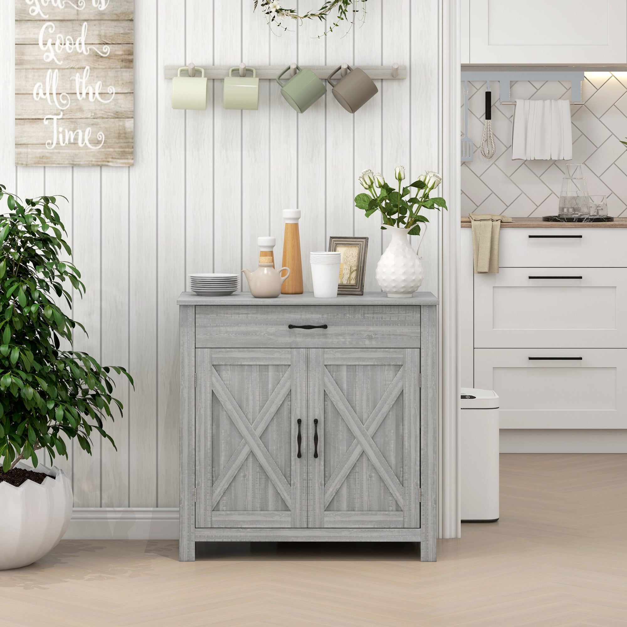 Farmhouse Sideboard Cabinet with Barn Doors, Drawer & Adjustable Shelf, Stone Gray