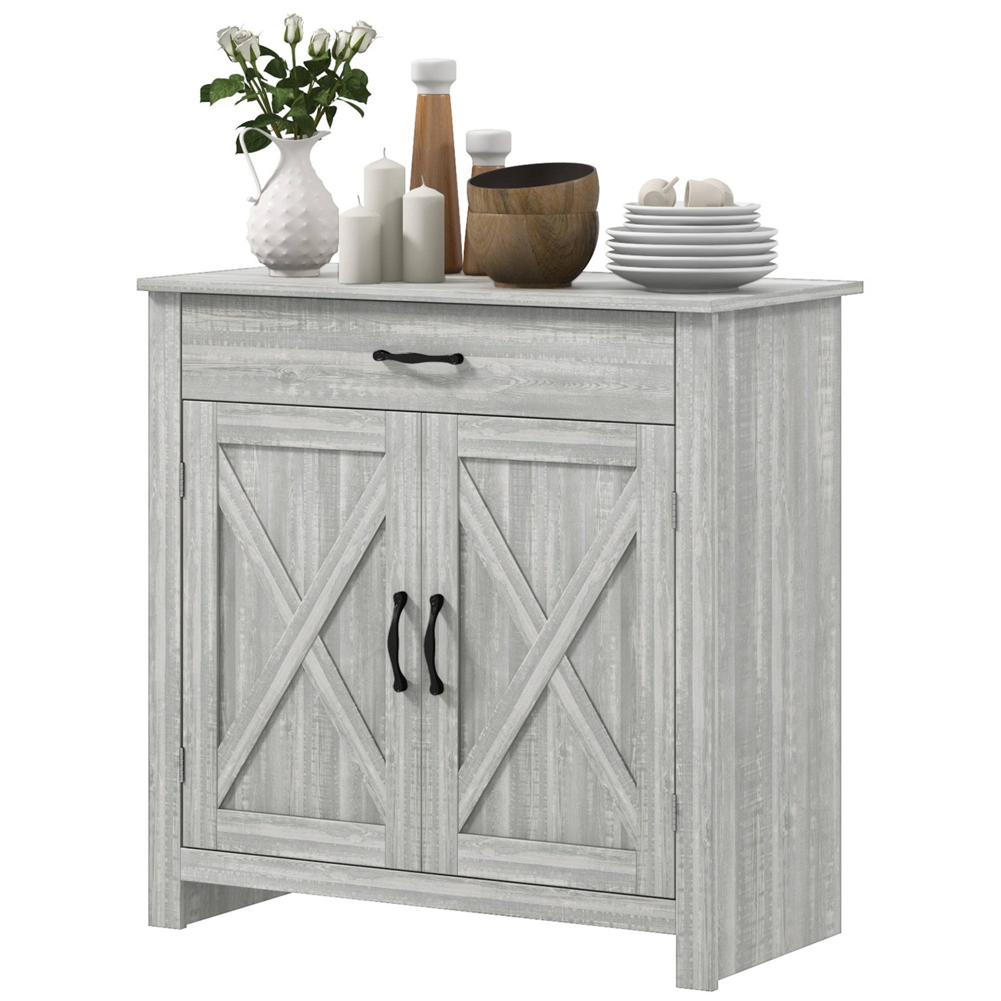 Farmhouse Sideboard Cabinet with Barn Doors, Drawer & Adjustable Shelf, Stone Gray