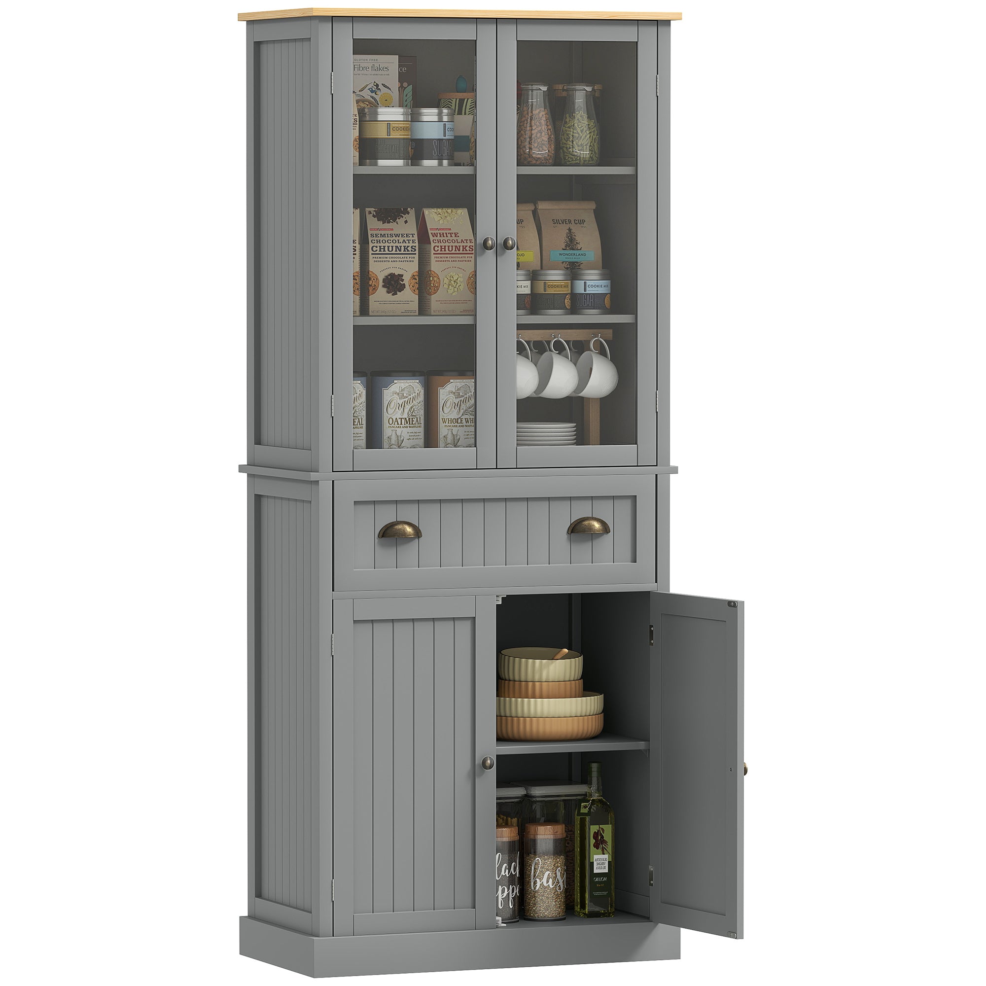 Freestanding Kitchen Cupboard, 5-tier Storage Cabinet with Adjustable Shelves and Drawer for Living Room, Dining Room, Grey