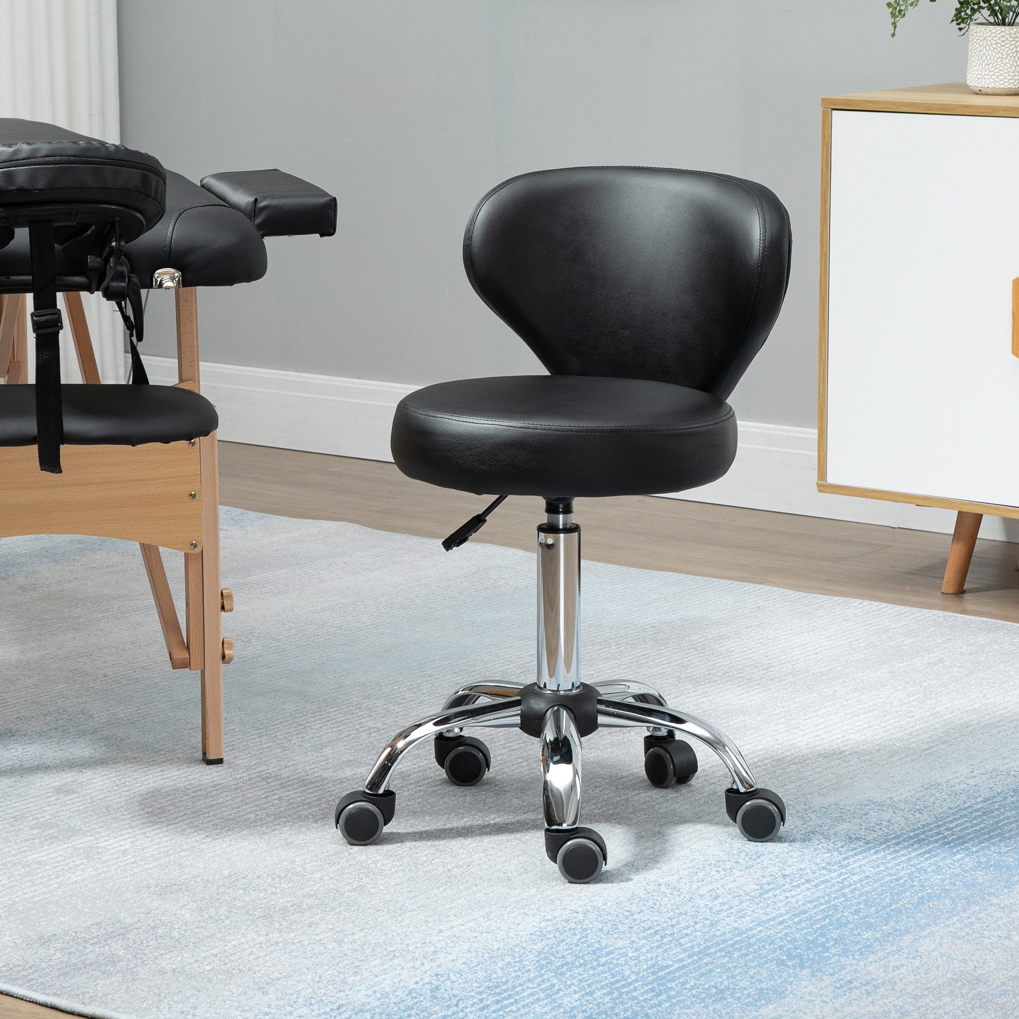 Adjustable Swivel Salon Stool with Backrest and Wheels, Office & Living Room Chair, Synthetic Leather, Black, 17.7" L x 21.3" W x 28.7" - 34.6" H