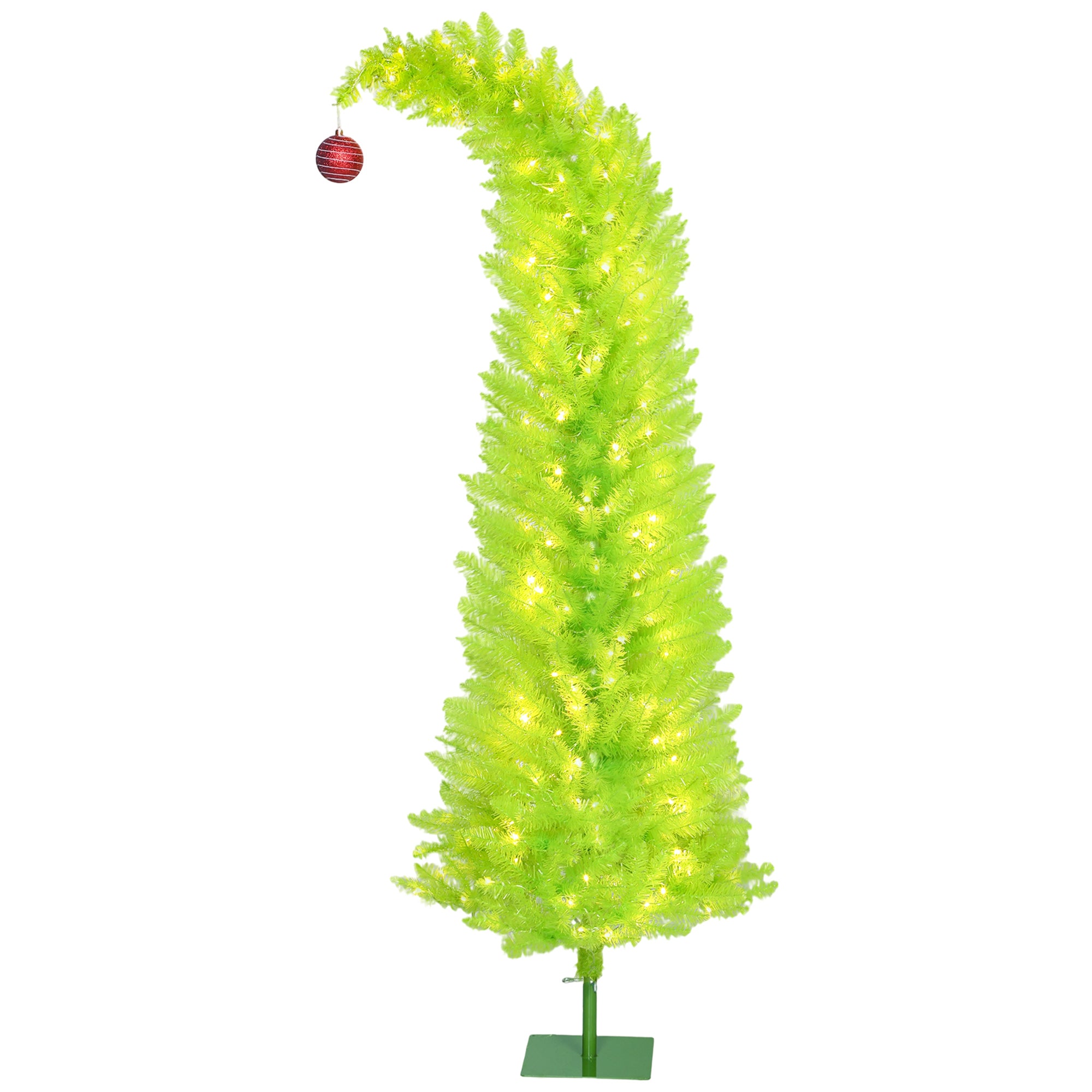 6 ft Whimsical Christmas Tree with Red Ball, Prelit Pencil Artificial Xmas Tree with 555 Branch Tips, 230 LED Lights, Metal Base, Holiday Decor for Home, Office, Green