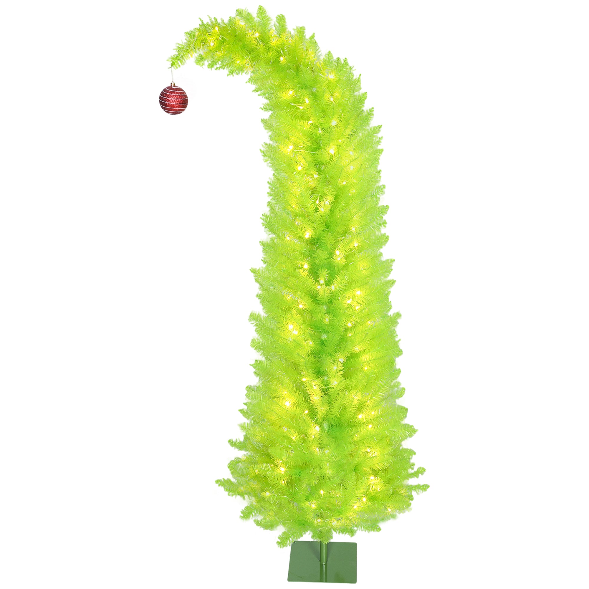 6 ft Whimsical Christmas Tree with Red Ball, Prelit Pencil Artificial Xmas Tree with 555 Branch Tips, 230 LED Lights, Metal Base, Holiday Decor for Home, Office, Green