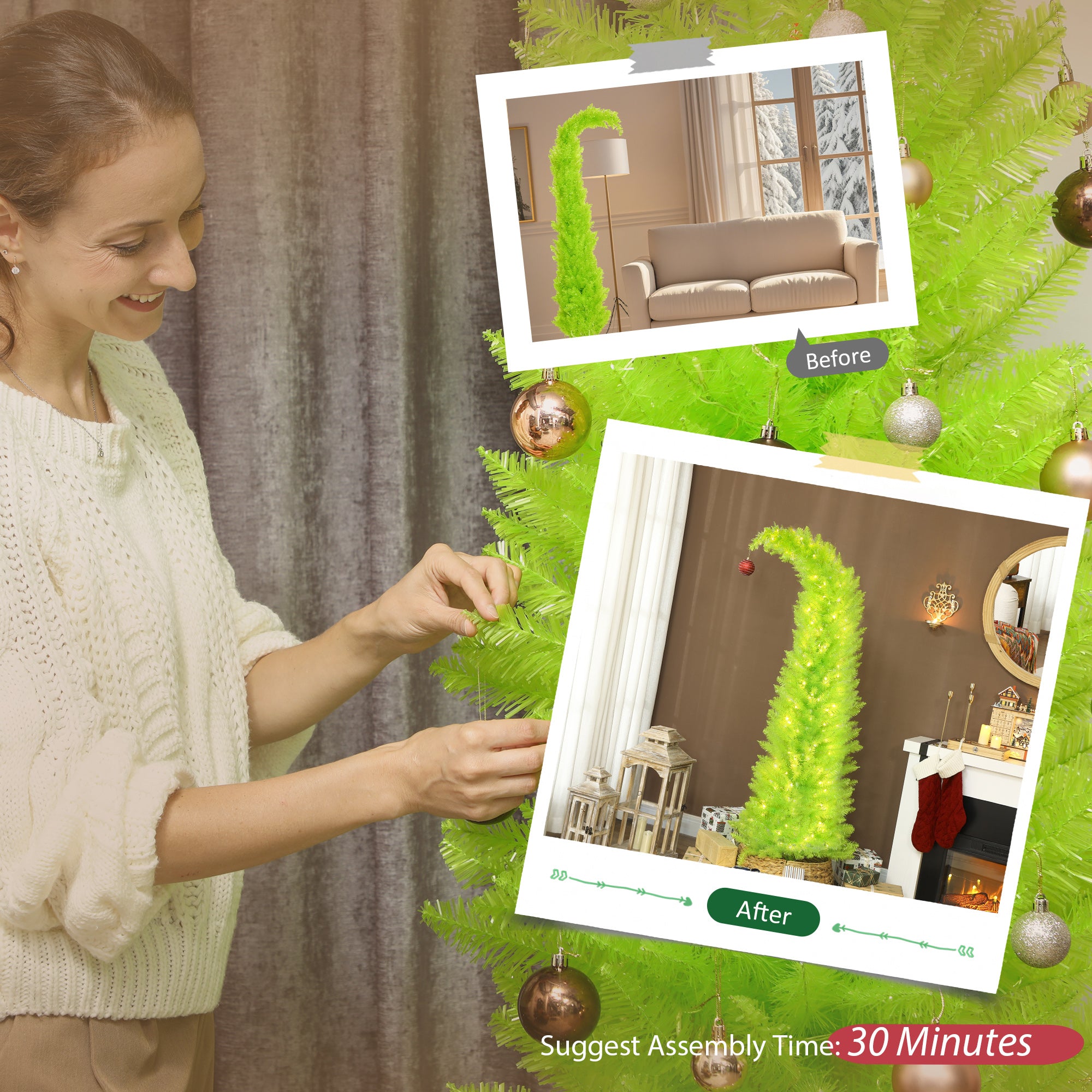 6 ft Whimsical Christmas Tree with Red Ball, Prelit Pencil Artificial Xmas Tree with 555 Branch Tips, 230 LED Lights, Metal Base, Holiday Decor for Home, Office, Green