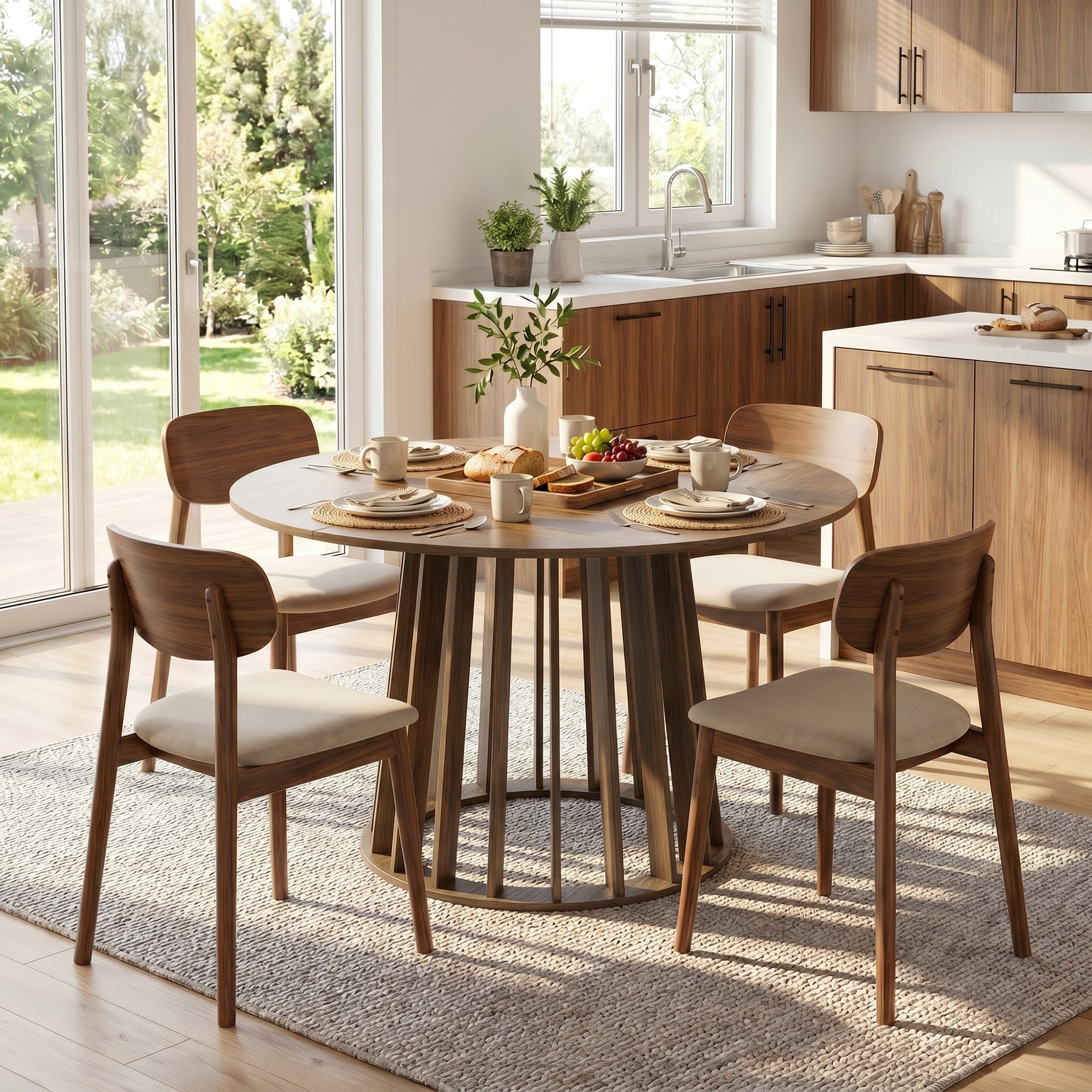 120 cm Round Dining Table for 4-6 People, Modern Kitchen Table with Slatted and Heavy Duty Pedestal Base for Dining Room, Kitchen, Living Room, Light Walnut