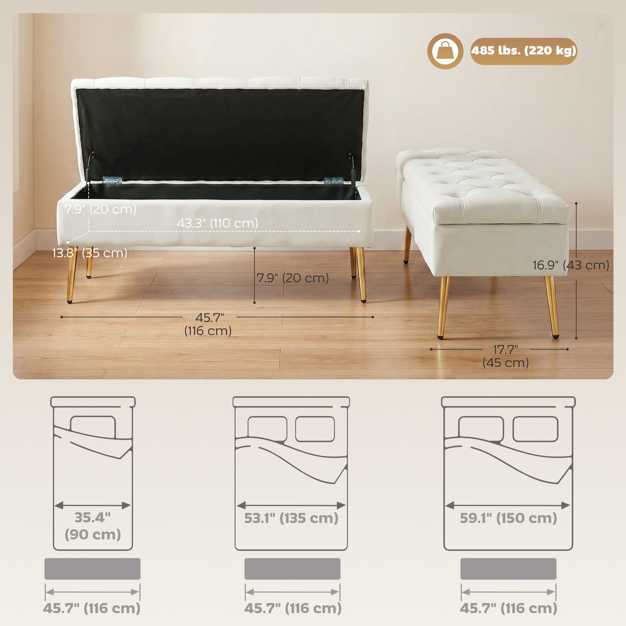 Upholstered Bedroom Bench with Gold Tone Metal Legs, Velvet Button-Tufted Storage Bench, Bench Seat with Thick Padding, Ottoman Bench for Living Room, Hallway, Beige