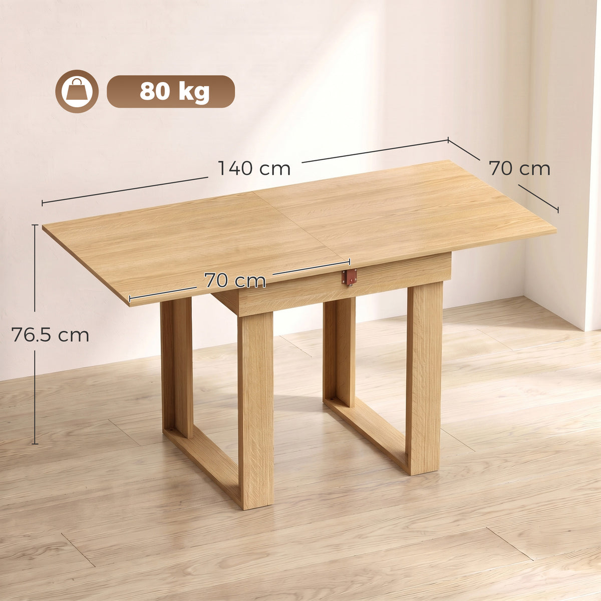 Folding Dining Table for 4 with Under-Table Storage, 70-140 cm Modern Extendable Kitchen Table with Steel Rail, Space-Saving for Kitchen, Dining Room, Oak Effect