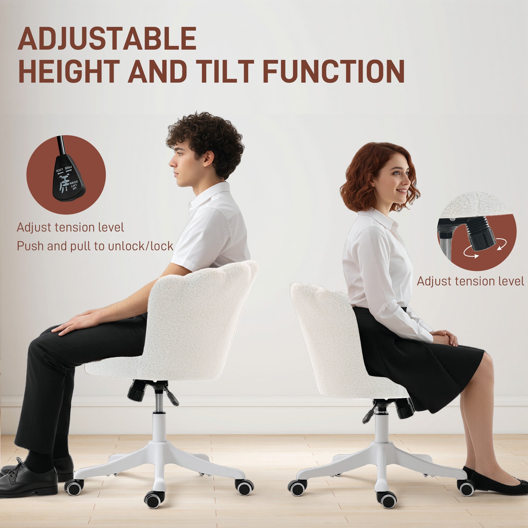 Teddy Fleece Office Chair, Armless Swivel Desk Chair with Adjustable Height, Backrest, Wheels, Padded Seat, Tilt Function for Office, Vanity, Computer, Study, Cream White