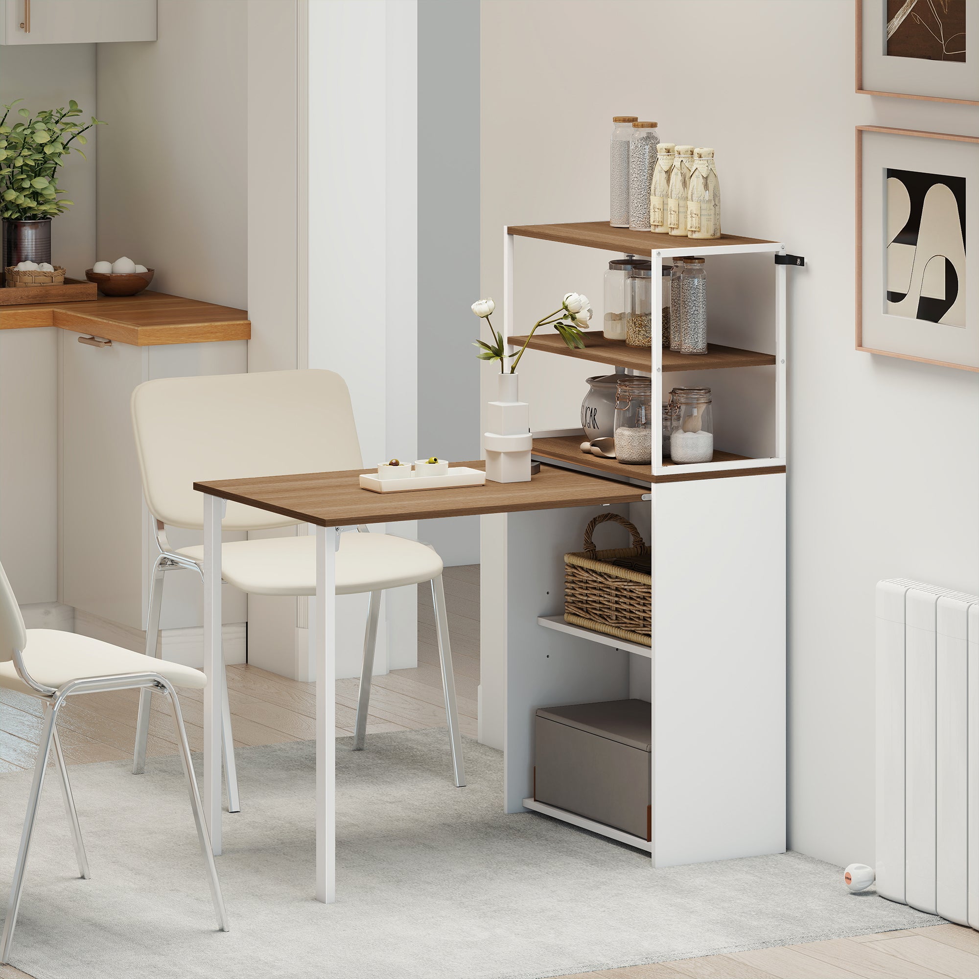 Folding Computer Desk with 4-Tier Bookshelf, Space-Saving Multifunctional Small Office Desk, 2-in-1 Compact Industrial Study Table with Metal Frame for Small Spaces, Home Office, Natural