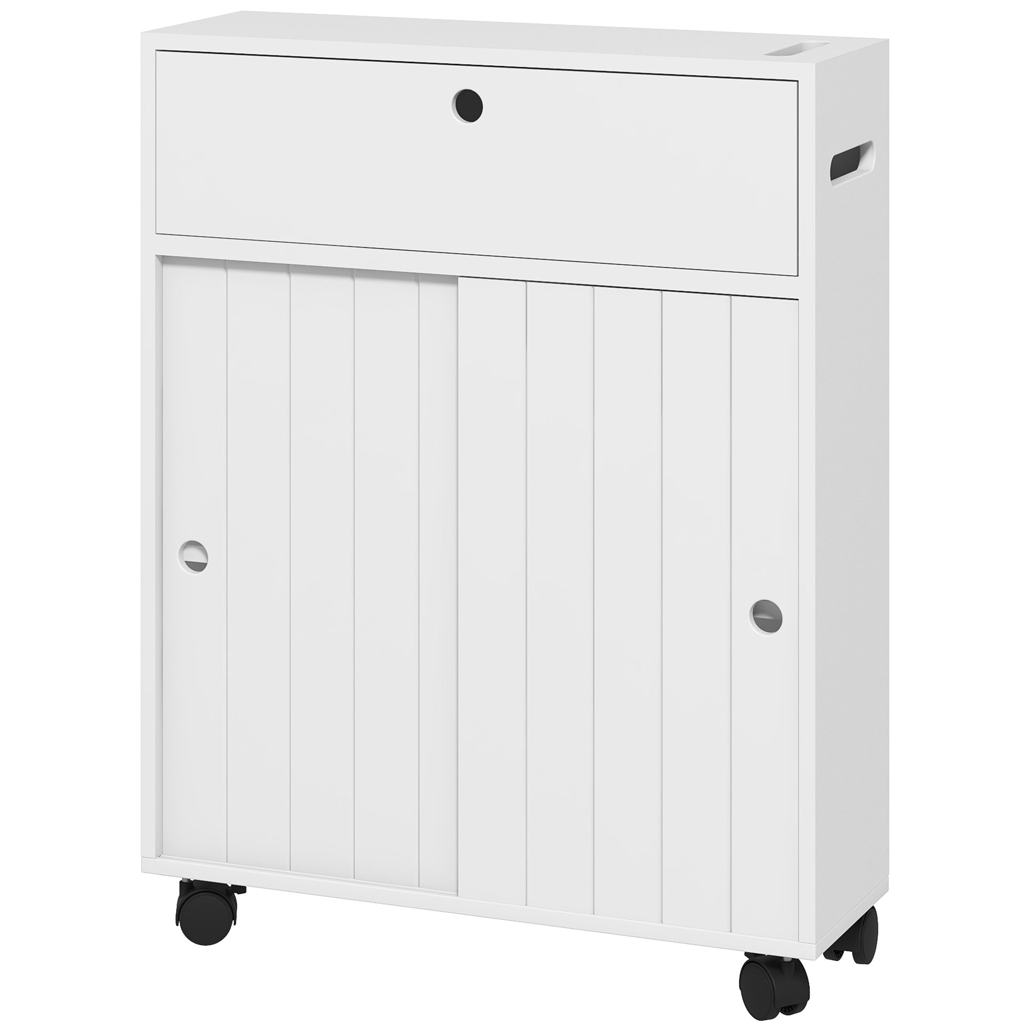 Slim Bathroom Cabinet, Modern Narrow Bathroom Storage Cabinet with 4 Rolling Wheels and Paper Holes, White