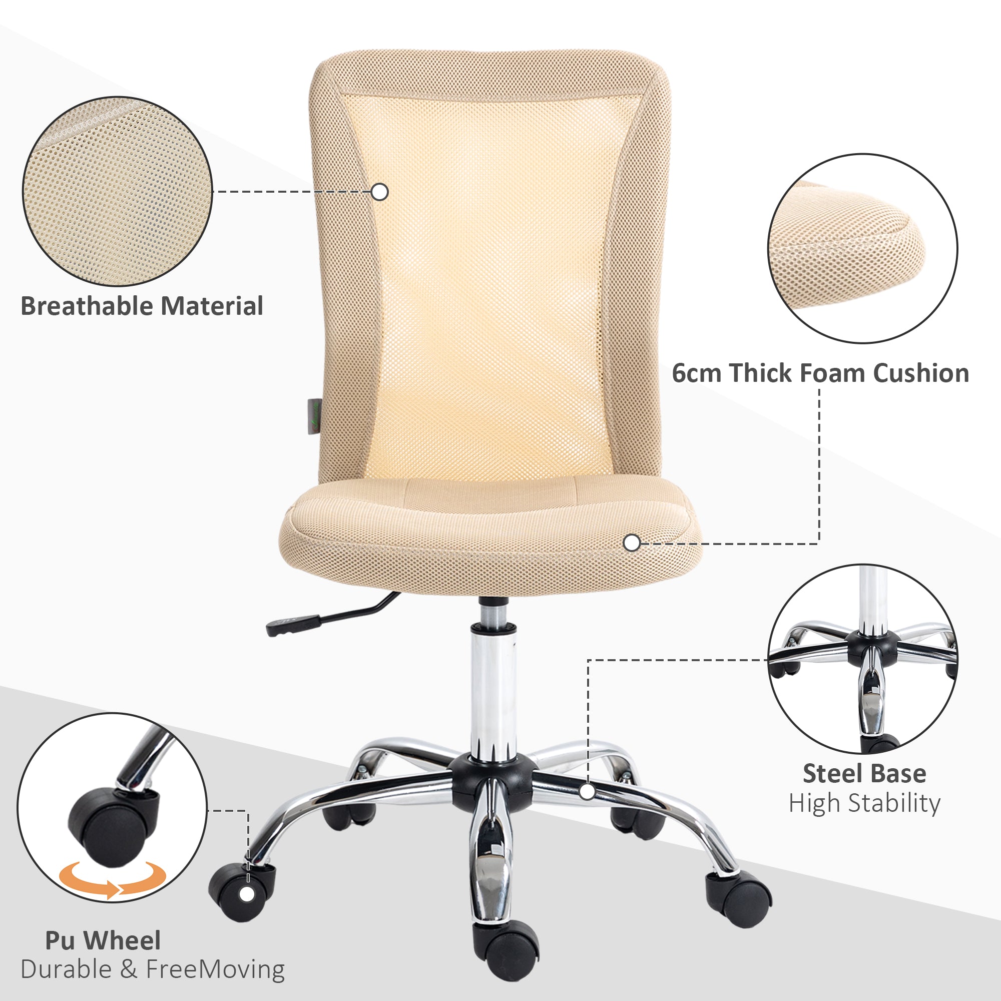 Vinsetto Office Chair, Armless Desk Chair, Adjustable Computer Swivel Chair with Rolling Wheels and Mesh Back for Home Work Study, Beige