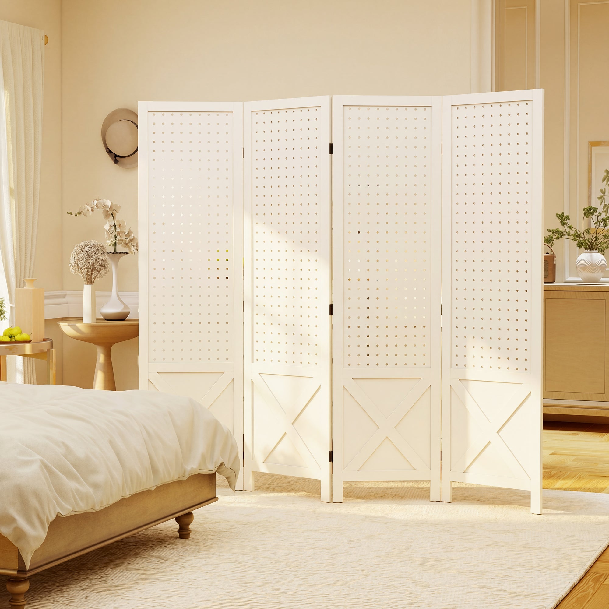 4 Panel Pegboard Display Room Divider, 56.9" Tall Wood Indoor Portable Folding Privacy Screen, Partition Wall Divider for Bedroom, White