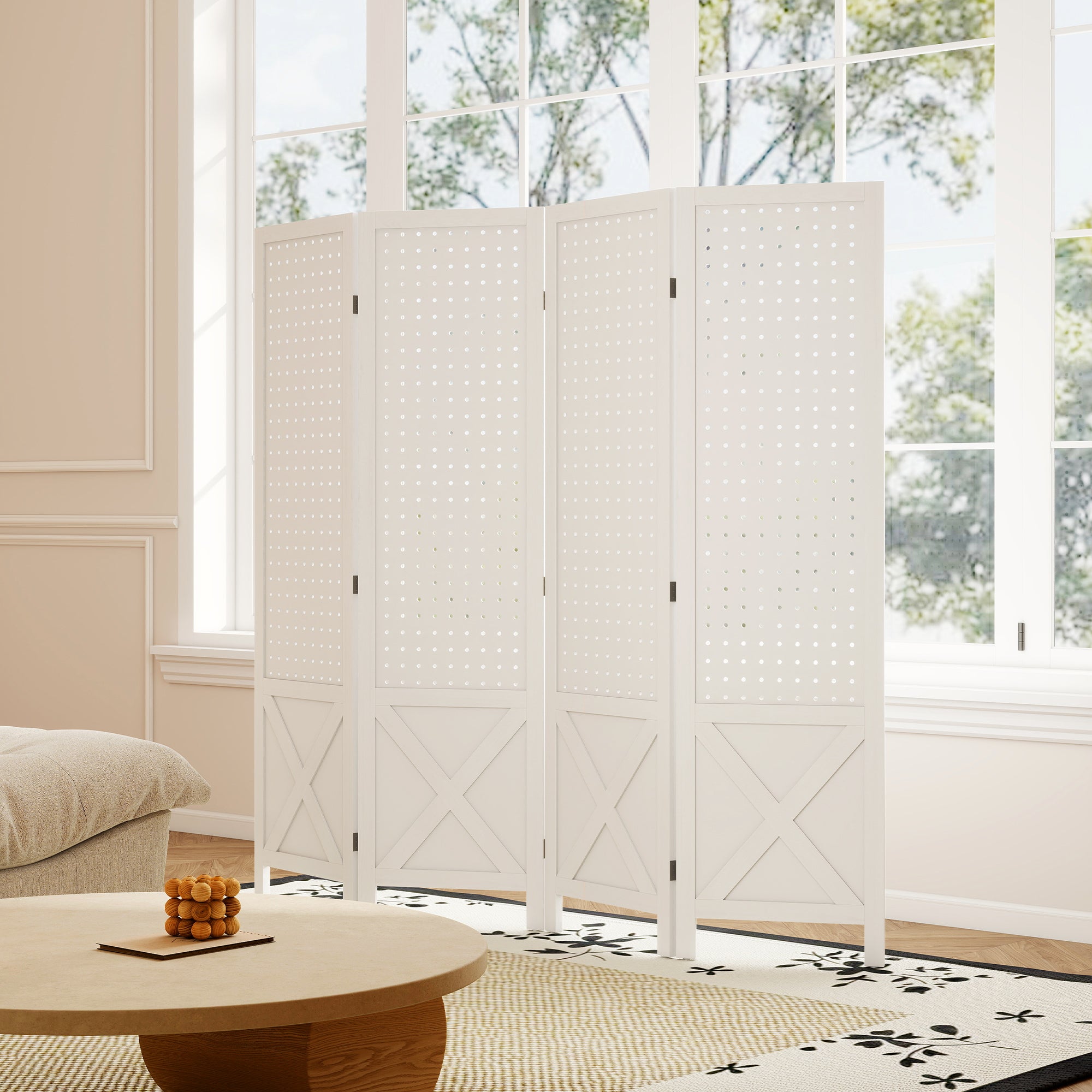 4 Panel Pegboard Display Room Divider, 56.9" Tall Wood Indoor Portable Folding Privacy Screen, Partition Wall Divider for Bedroom, White