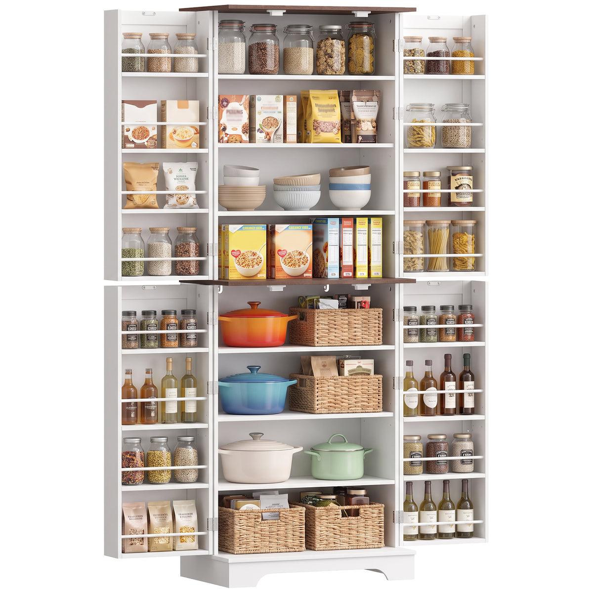 166cm Tall Kitchen Pantry Cabinet, Adjustable Shelves, Farmhouse Storage Cabinet with 8 Shelves and 16 Door Racks, Freestanding Food Pantry, Barn Doors, White and Brown