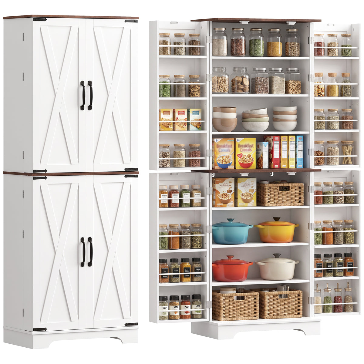 166cm Tall Kitchen Pantry Cabinet, Adjustable Shelves, Farmhouse Storage Cabinet with 8 Shelves and 16 Door Racks, Freestanding Food Pantry, Barn Doors, White and Brown