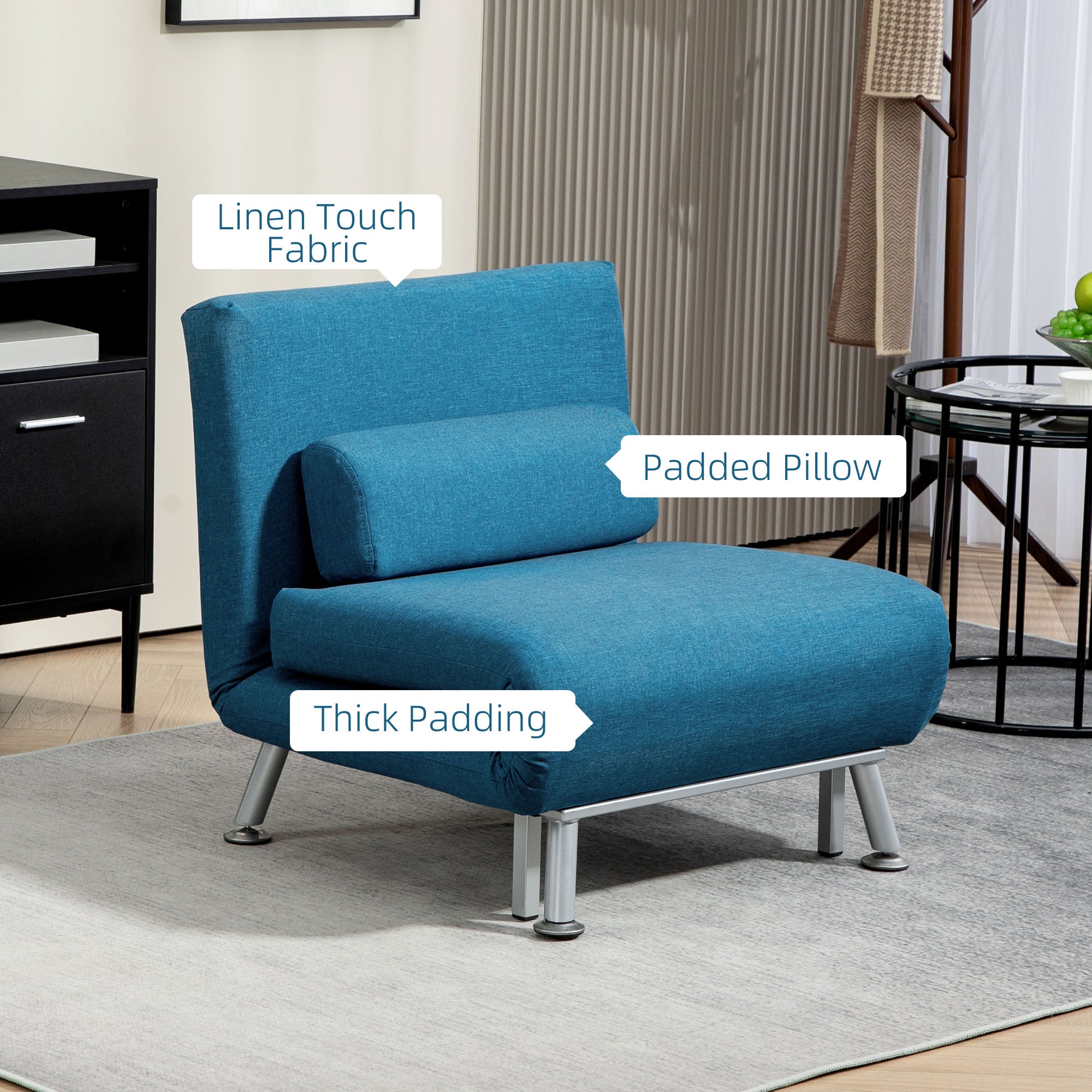 HOMCOM Linen Single Chair Bed, 3-in-1 Convertible Sleeper Chair with Adjustable Backrest, Pillow, for Living Room, Bedroom, Blue