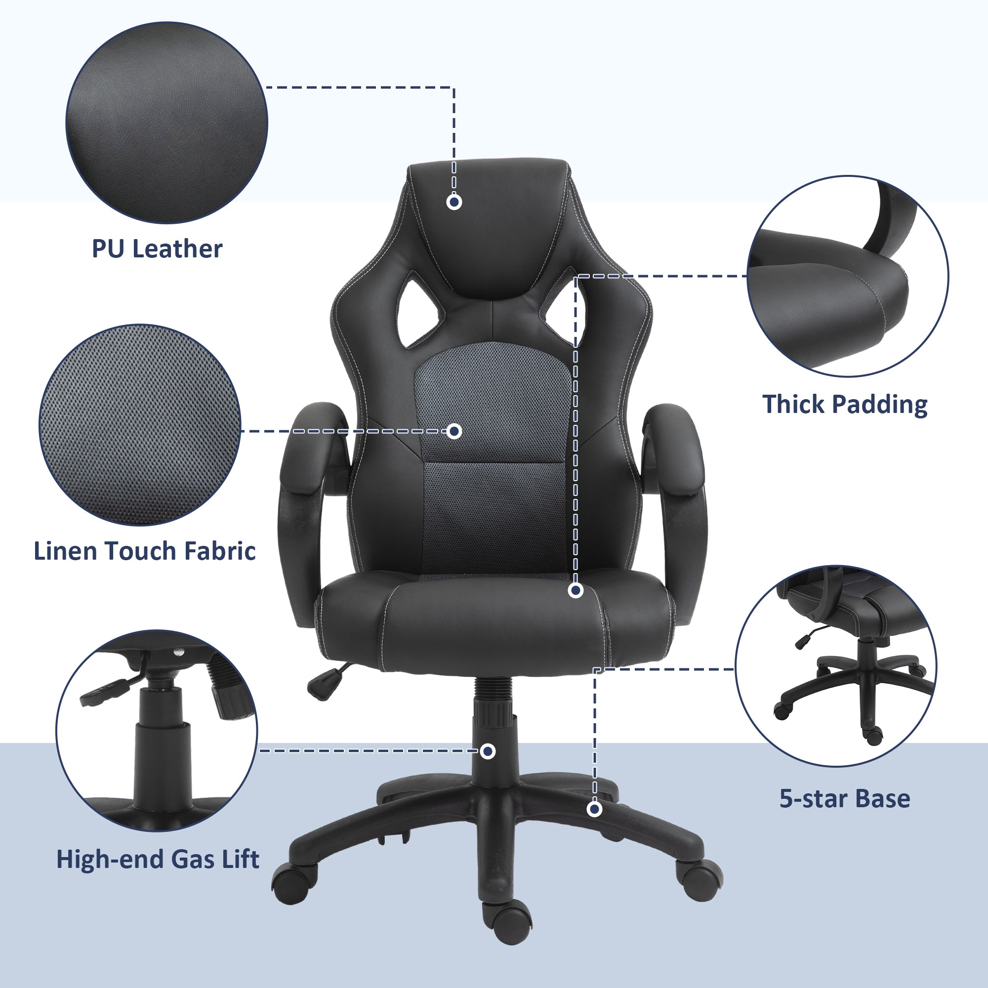 Vinsetto High-Back Gaming Chair Faux Leather Swivel Computer Racing Gamer Desk Chair for Home Office with Wheels, Gray