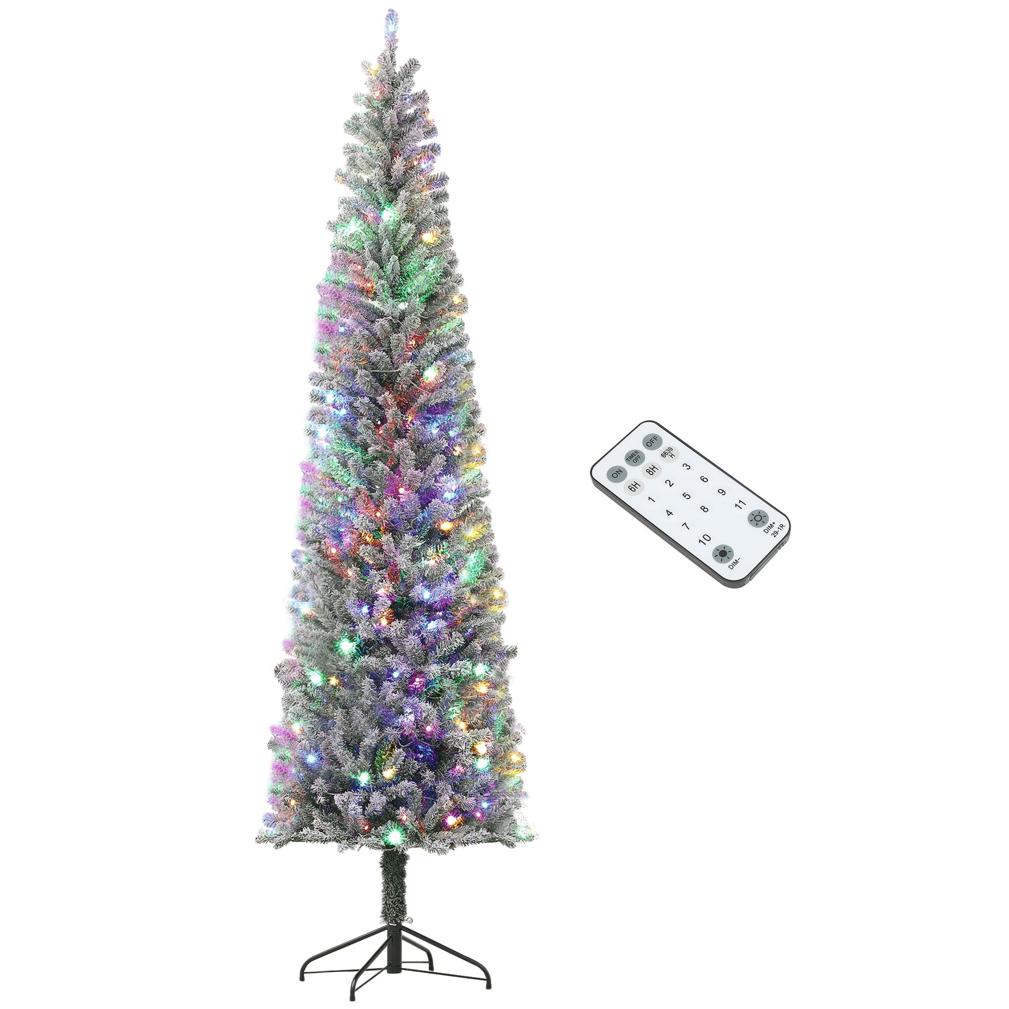 HOMCOM 9ft Pre-Lit Pencil Christmas Tree with Remote, Adjustable Brightness, Artificial Christmas Tree with 310 Dual Colour LEDs, 895 Tips, Metal Stand, Flocked Xmas Tree, Green