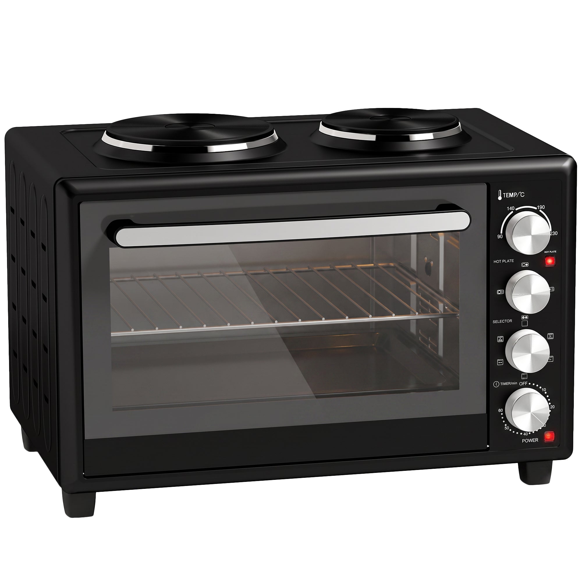 36L Mini Oven with Dual Hot Plates, Electric Countertop Cooker with Convection, 90–230°C Adjustable Temperature, 60 Minute Timer, Portable Oven with Wire Rack & Baking Tray, 1500W, Black