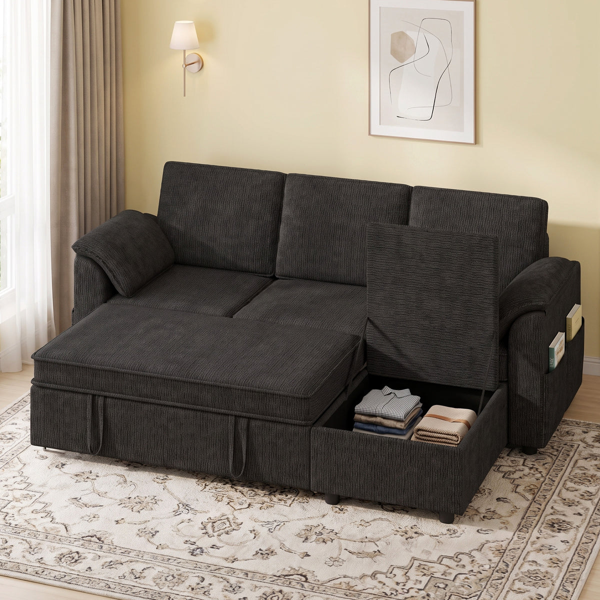 Sectional Sofa Bed, L-Shaped Sleeper Sofa with Reversible Pull Out Couch Bed, Storage Ottoman, Side Pockets, Cushions, Chenille Fabric, Black