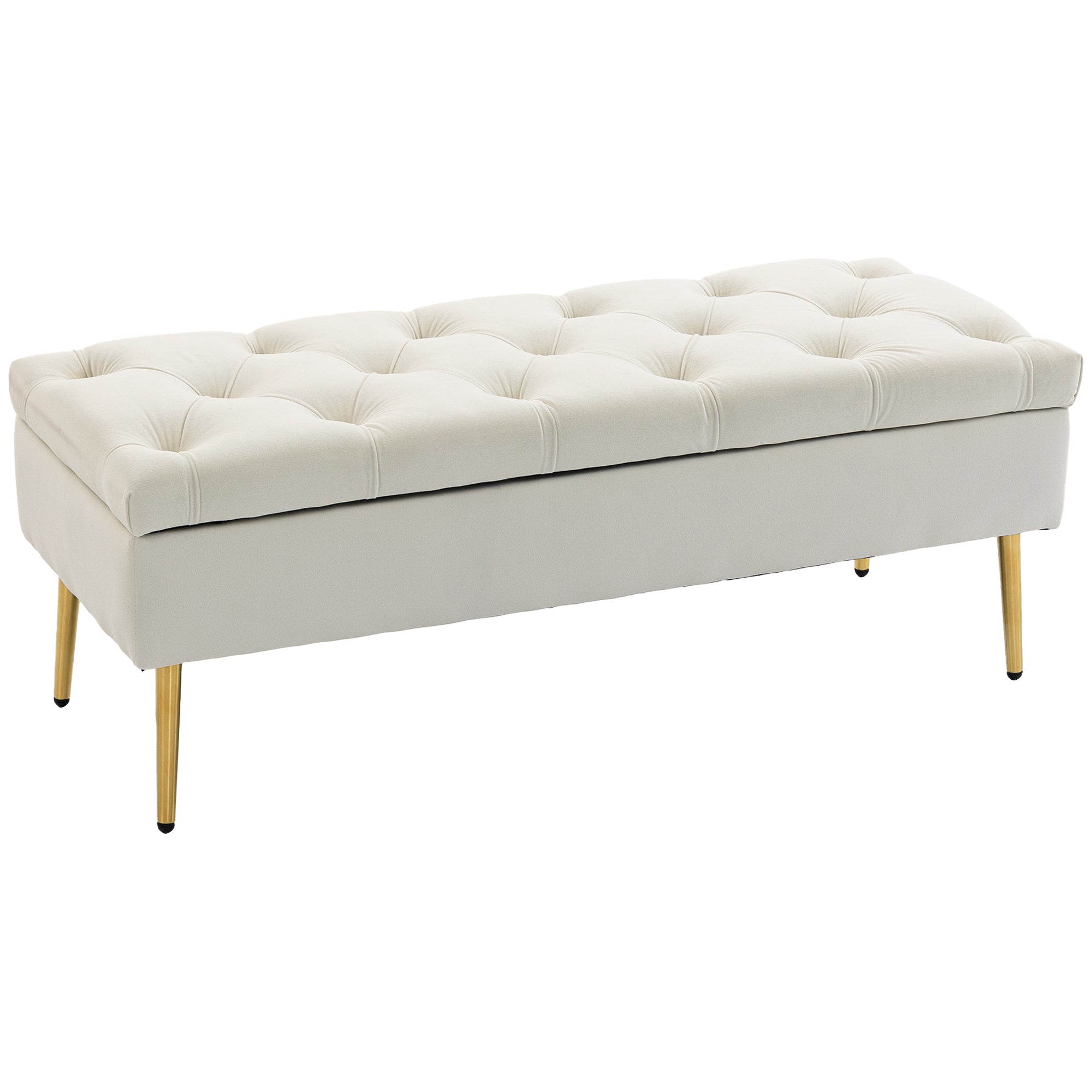 Upholstered Bedroom Bench with Gold Tone Metal Legs, Velvet Button-Tufted Storage Bench, Bench Seat with Thick Padding, Ottoman Bench for Living Room, Hallway, Beige