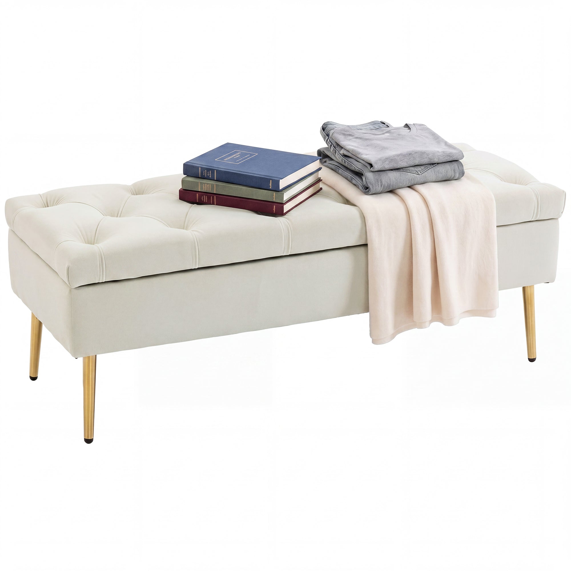 Upholstered Bedroom Bench with Gold Tone Metal Legs, Velvet Button-Tufted Storage Bench, Bench Seat with Thick Padding, Ottoman Bench for Living Room, Hallway, Beige