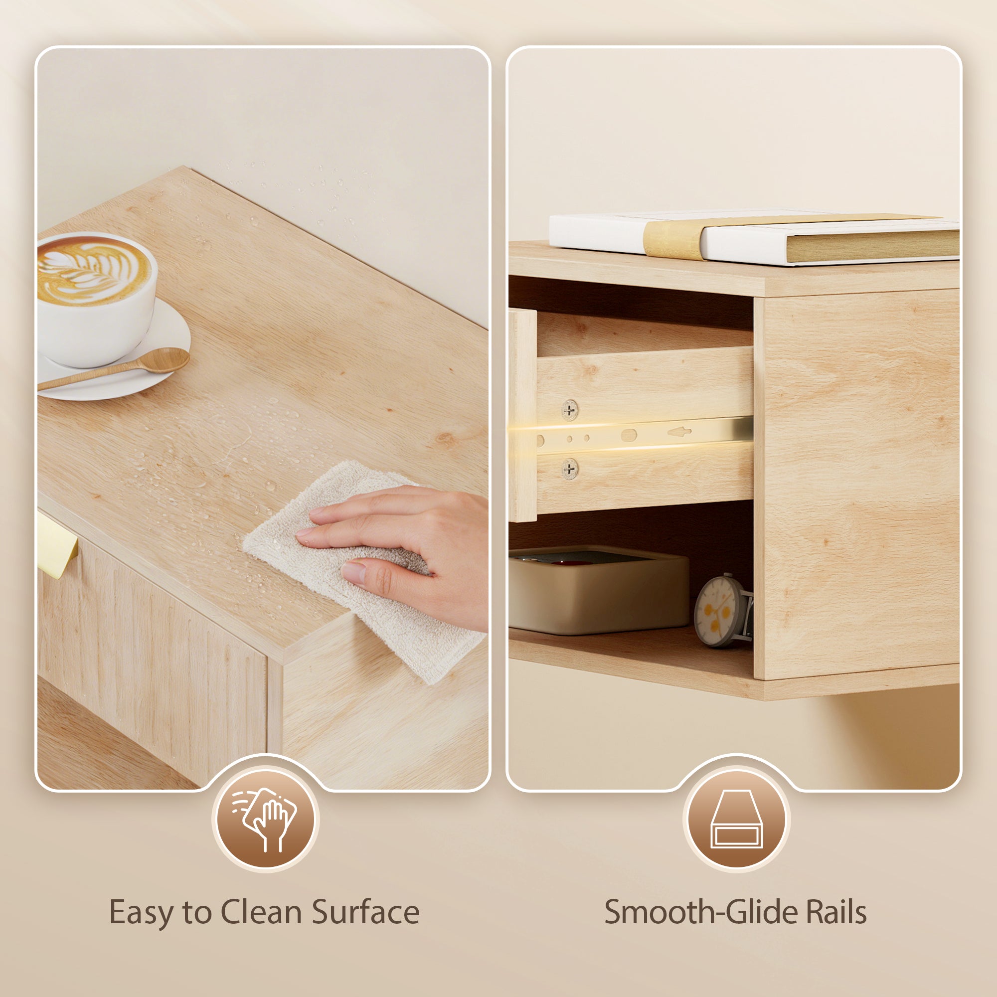 Floating Bedside Tables Set of 2, Wall Mounted Nightstands with Fluted Drawer and Open Shelf for Small Bedroom, Modern Bedside Table, 40 x 30 x 25 cm, Oak