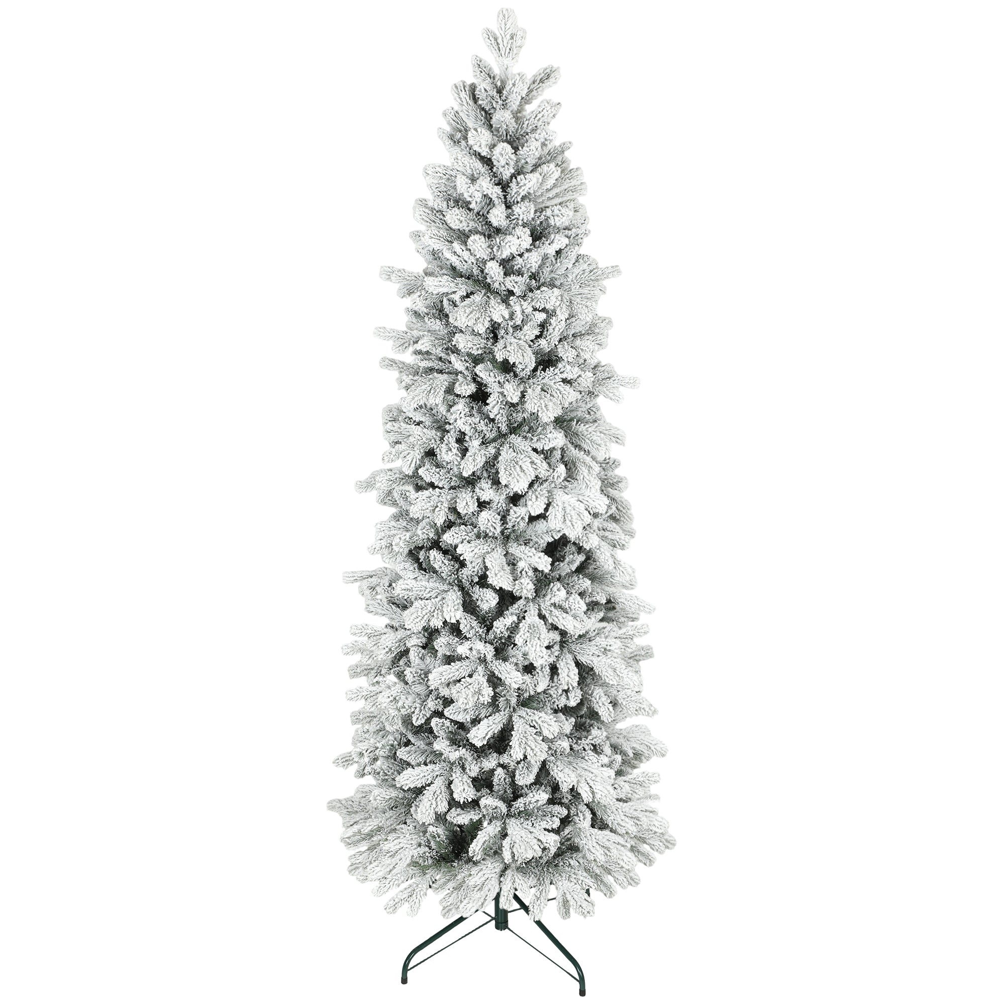 7ft Flocked Christmas Tree, Hinged Pencil Christmas Tree with 972 Tips, Realistic Branches, Easy Assembly, Slim Shape, Artificial Xmas Home Decoration, Green White