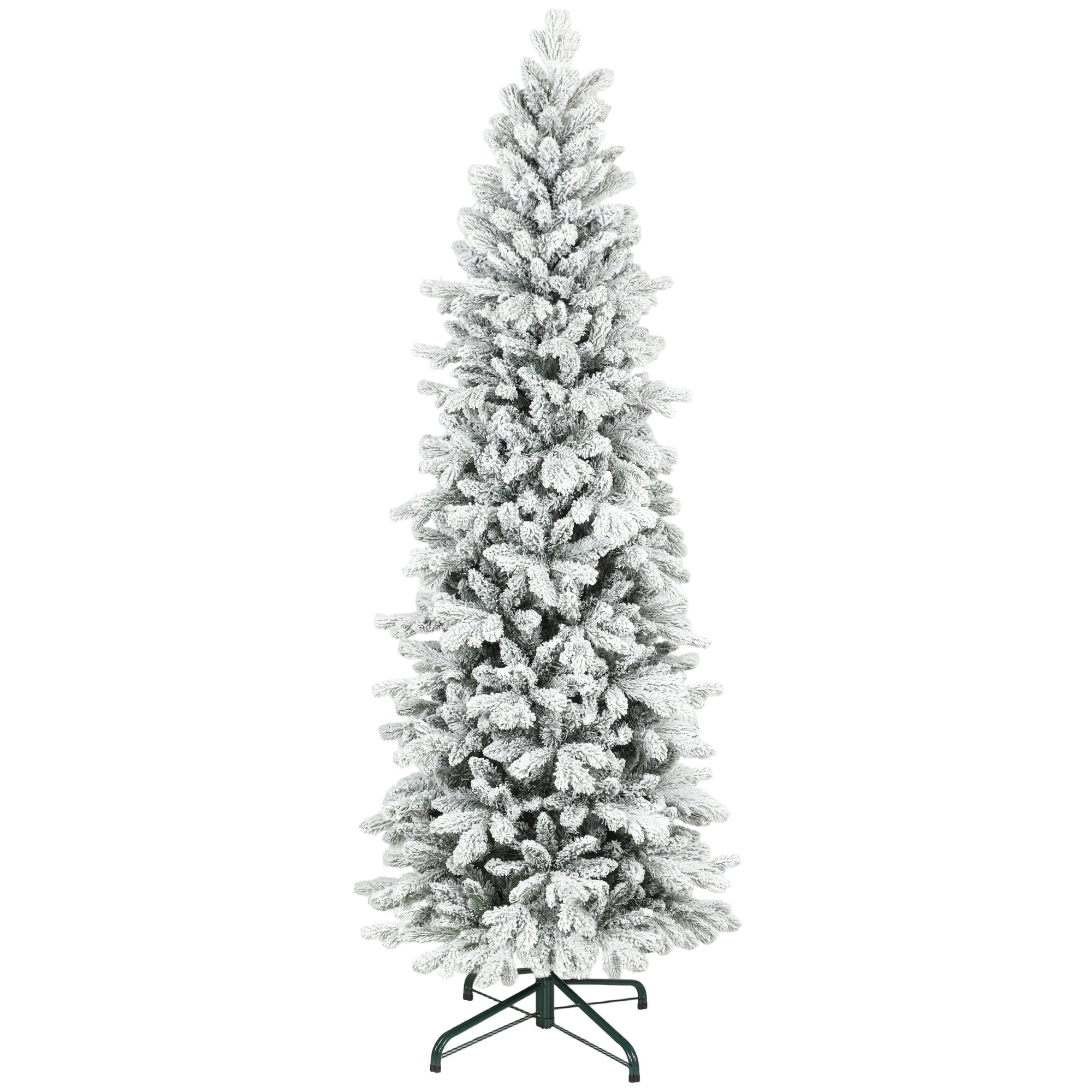 7ft Flocked Christmas Tree, Hinged Pencil Christmas Tree with 972 Tips, Realistic Branches, Easy Assembly, Slim Shape, Artificial Xmas Home Decoration, Green White