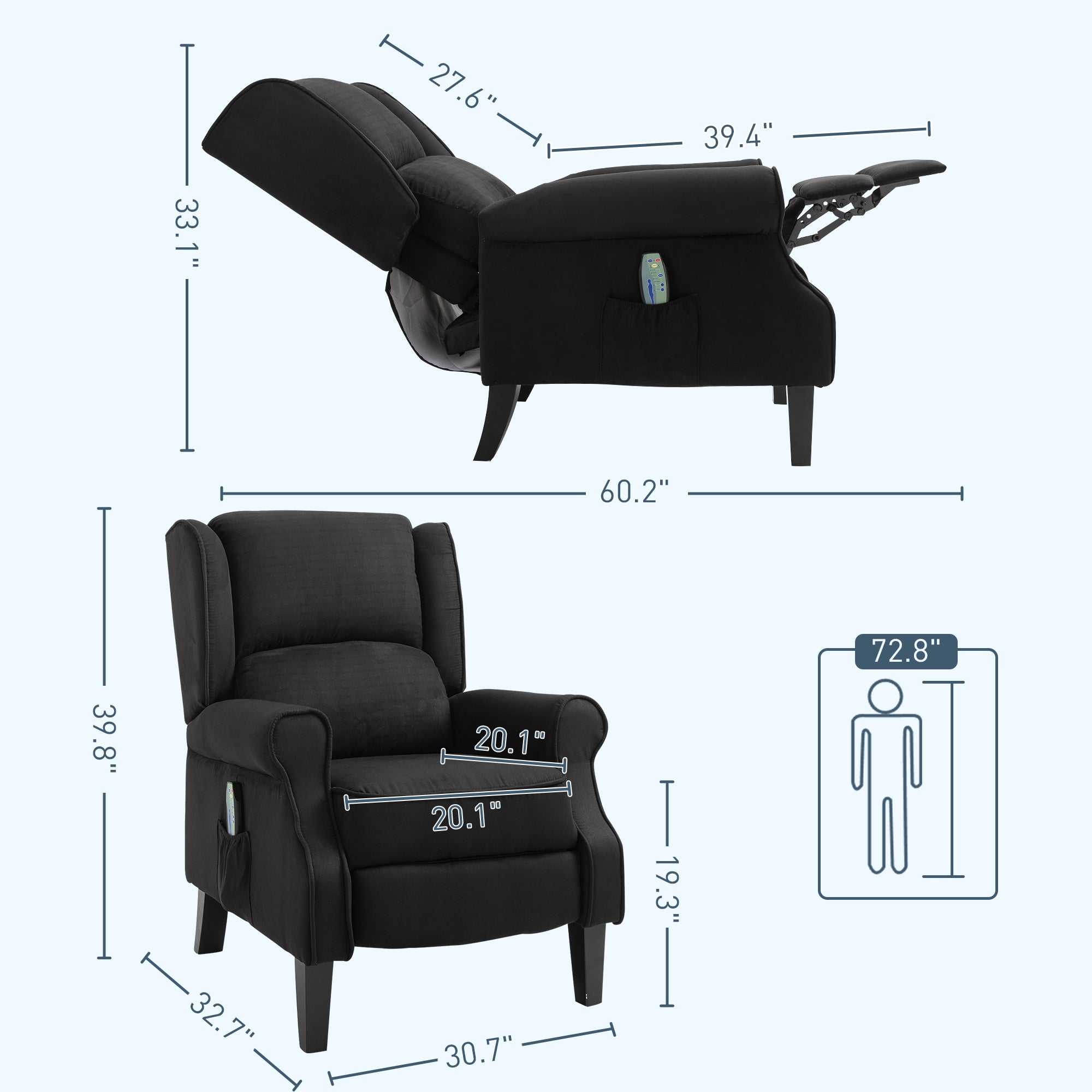 Wingback Recliner Chair with Vibration Massage, Footrest and Heat Function, Black