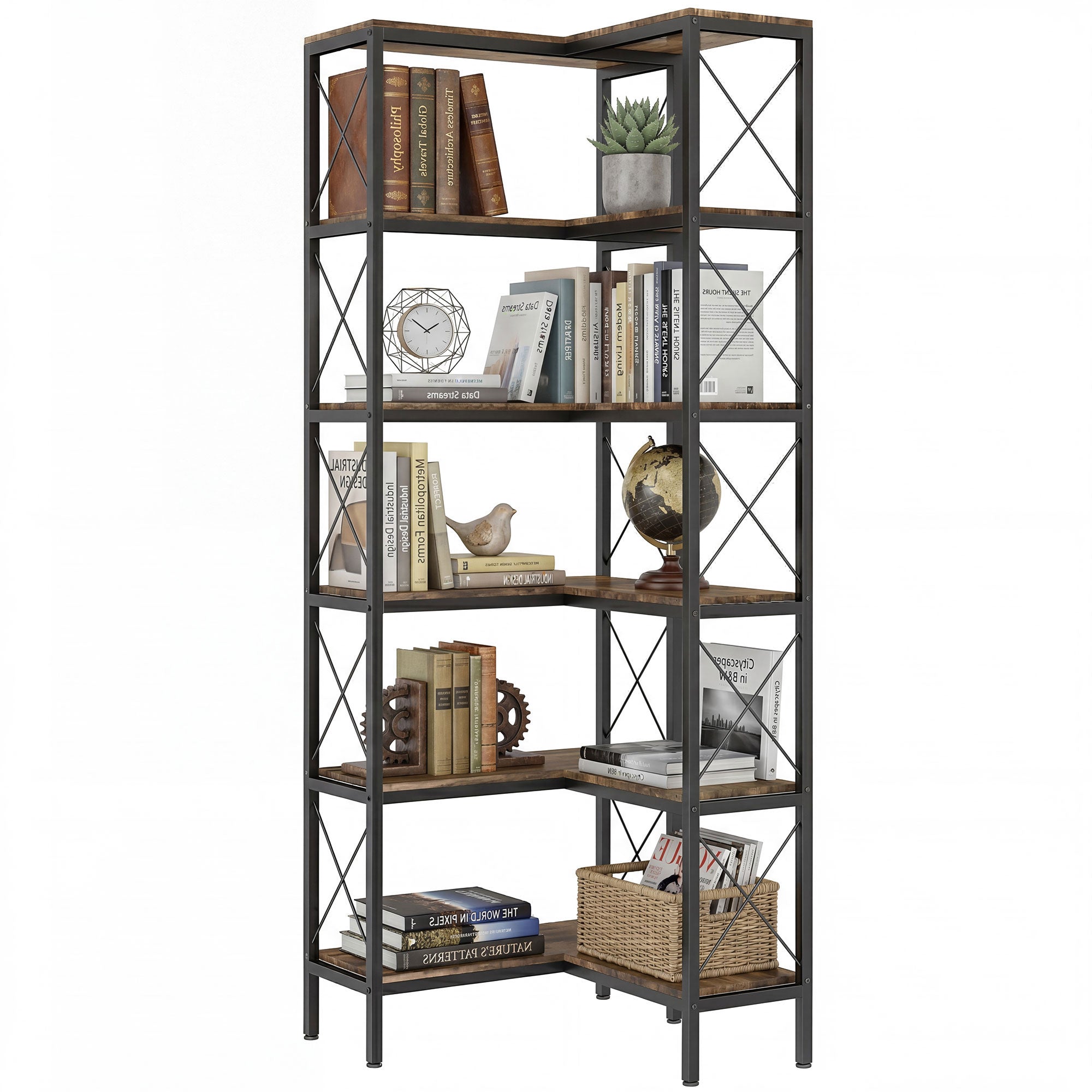 L-Shaped Bookshelf, 5-Tier Corner Bookcase, Freestanding Storage Shelf with Metal Frame for Living Room, Home Study, Rustic Brown