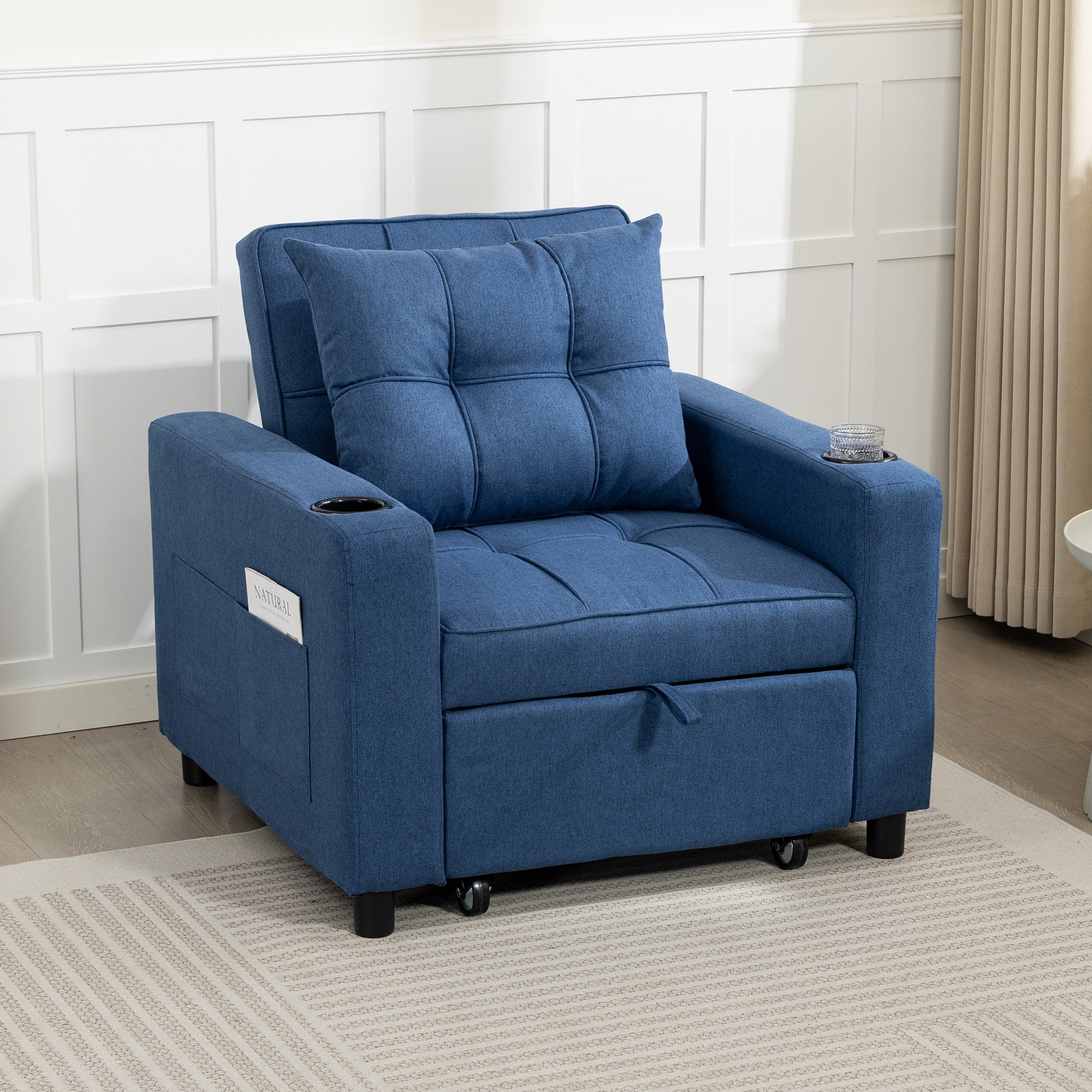 3-in-1 Single Sofa Bed, Convertible Sleeper Chair Bed with Adjustable Backrest, Fabric Pull Out Chair with Pillow, Side Pockets and Cup Holders for Living Room, Bedroom, Small Space, Dark Blue
