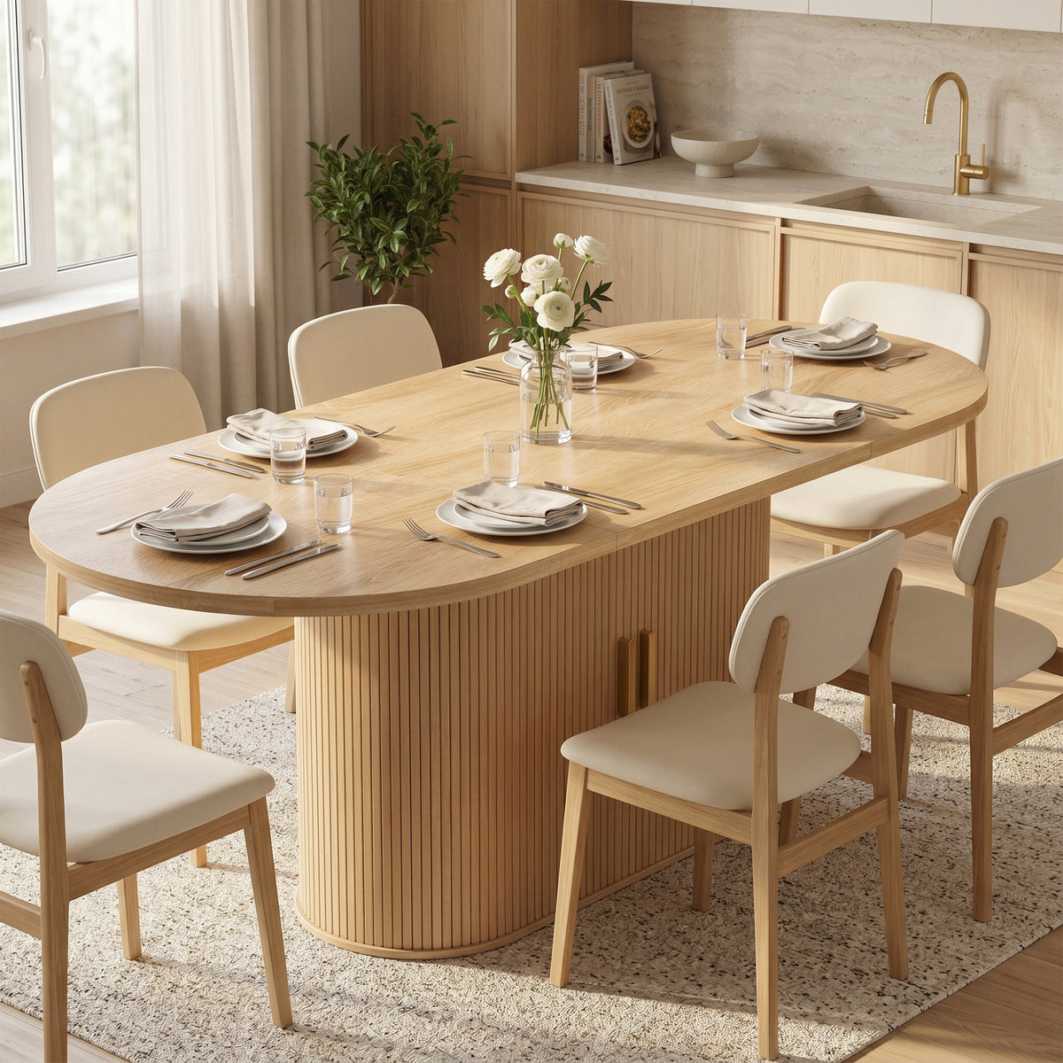 Oval Dining Table for 6 People, Modern Farmhouse Kitchen Table with Thick Tabletop, Under Cabinets and Tambour Sliding Doors for Kitchen, Dining Room, Living Room, Oak