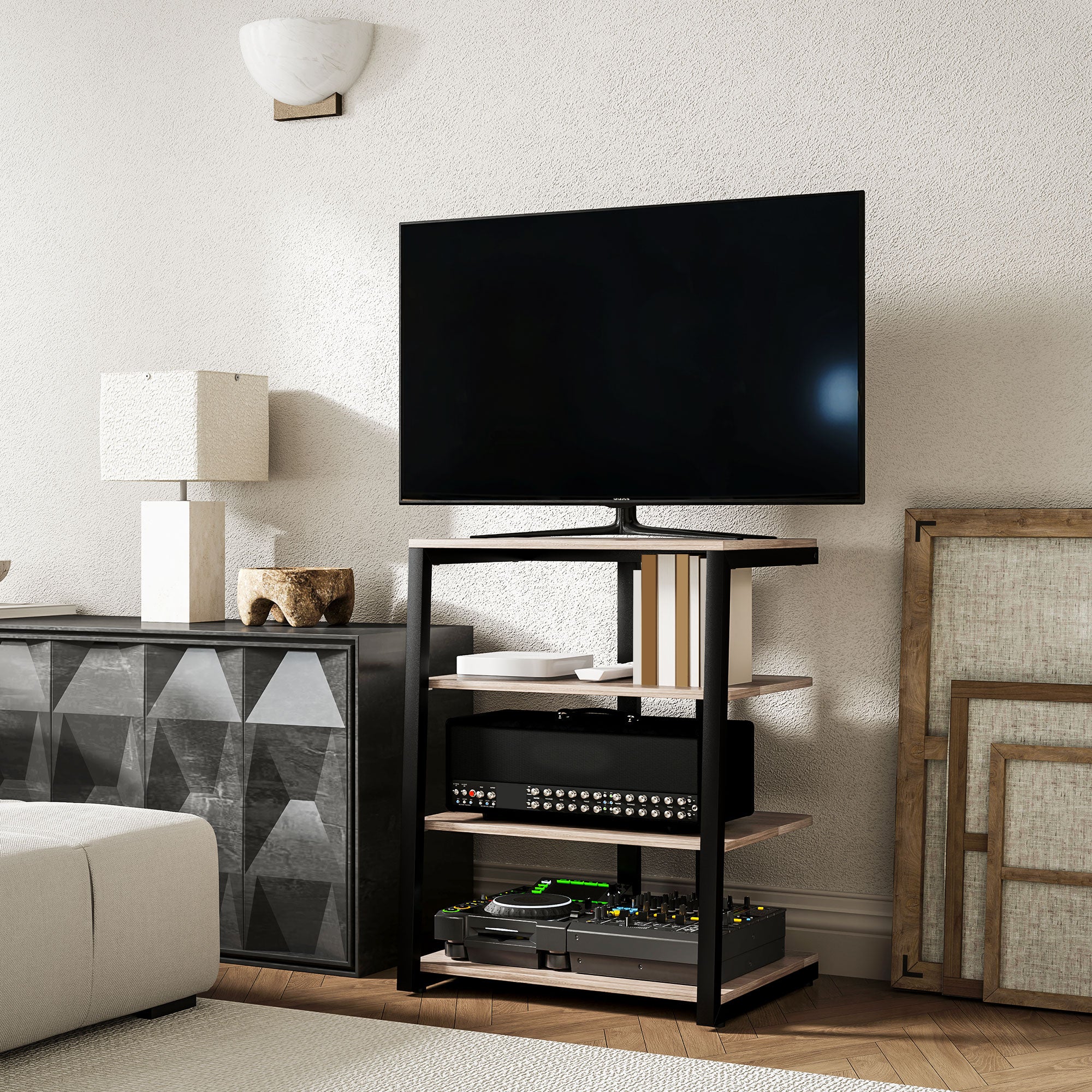 HOMCOM HiFi Stand, 4-Tier Media Storage Shelf with Adjustable Shelves, Power Strip Rack for Router, Record Player, Printer, Industrial TV Stand for up to 28 Inch TVs, Grey