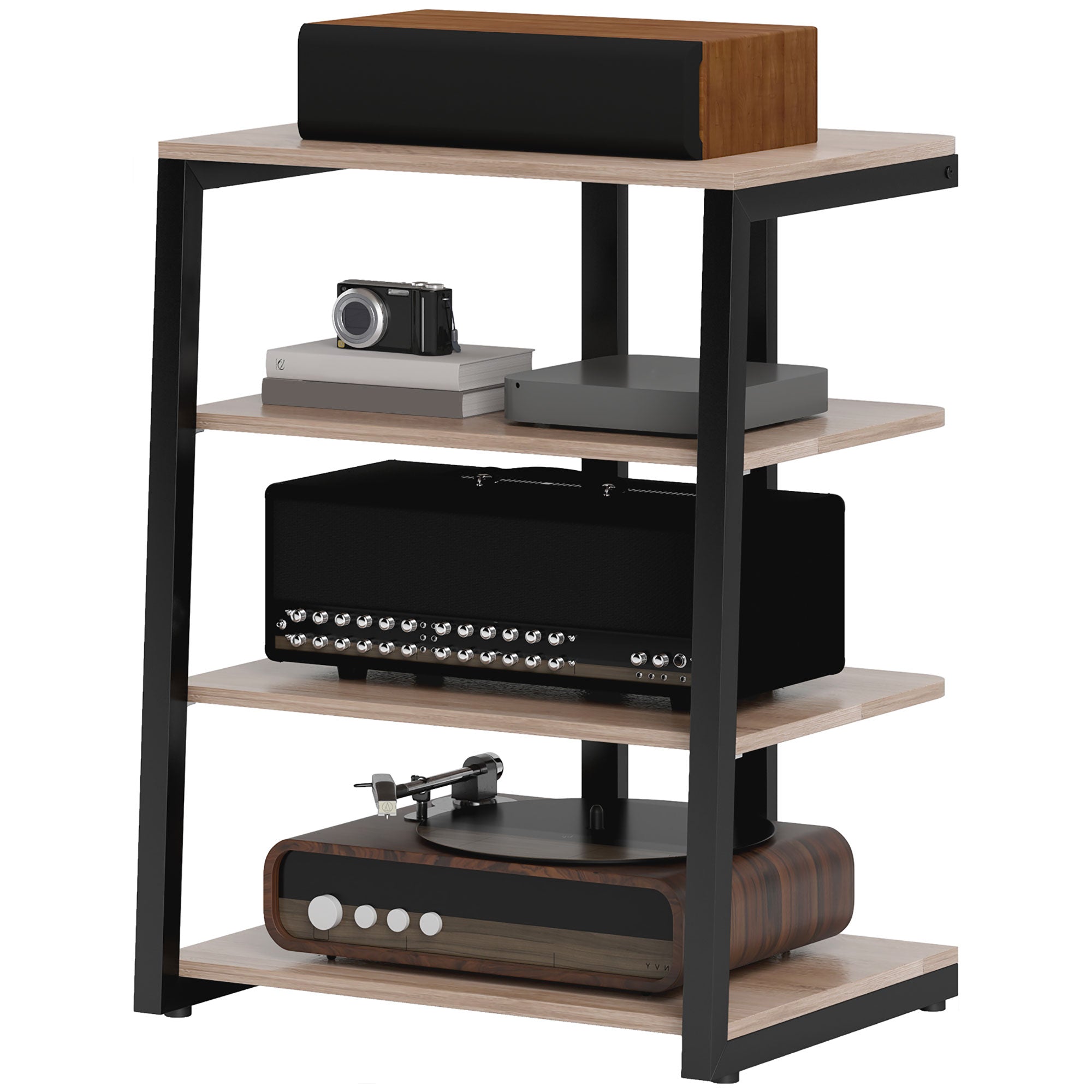 HOMCOM HiFi Stand, 4-Tier Media Storage Shelf with Adjustable Shelves, Power Strip Rack for Router, Record Player, Printer, Industrial TV Stand for up to 28 Inch TVs, Grey