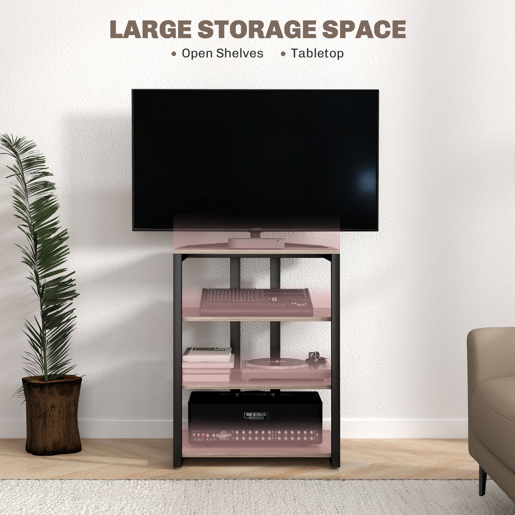 HOMCOM HiFi Stand, 4-Tier Media Storage Shelf with Adjustable Shelves, Power Strip Rack for Router, Record Player, Printer, Industrial TV Stand for up to 28 Inch TVs, Grey